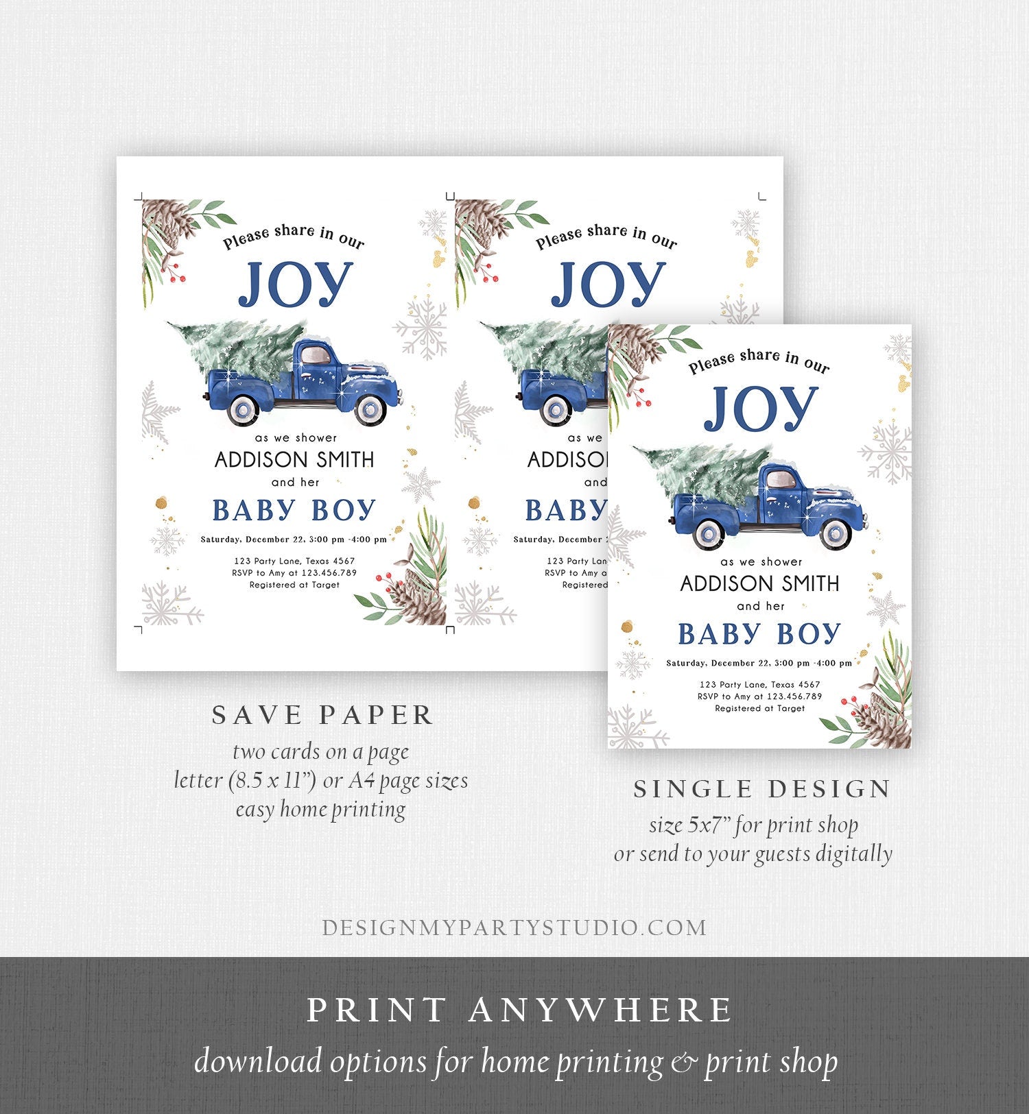 Editable Blue Truck Baby Shower Invitation Winter Baby Shower Baby Boy Christmas Tree Truck Watercolor December Template Download Corjl 0356