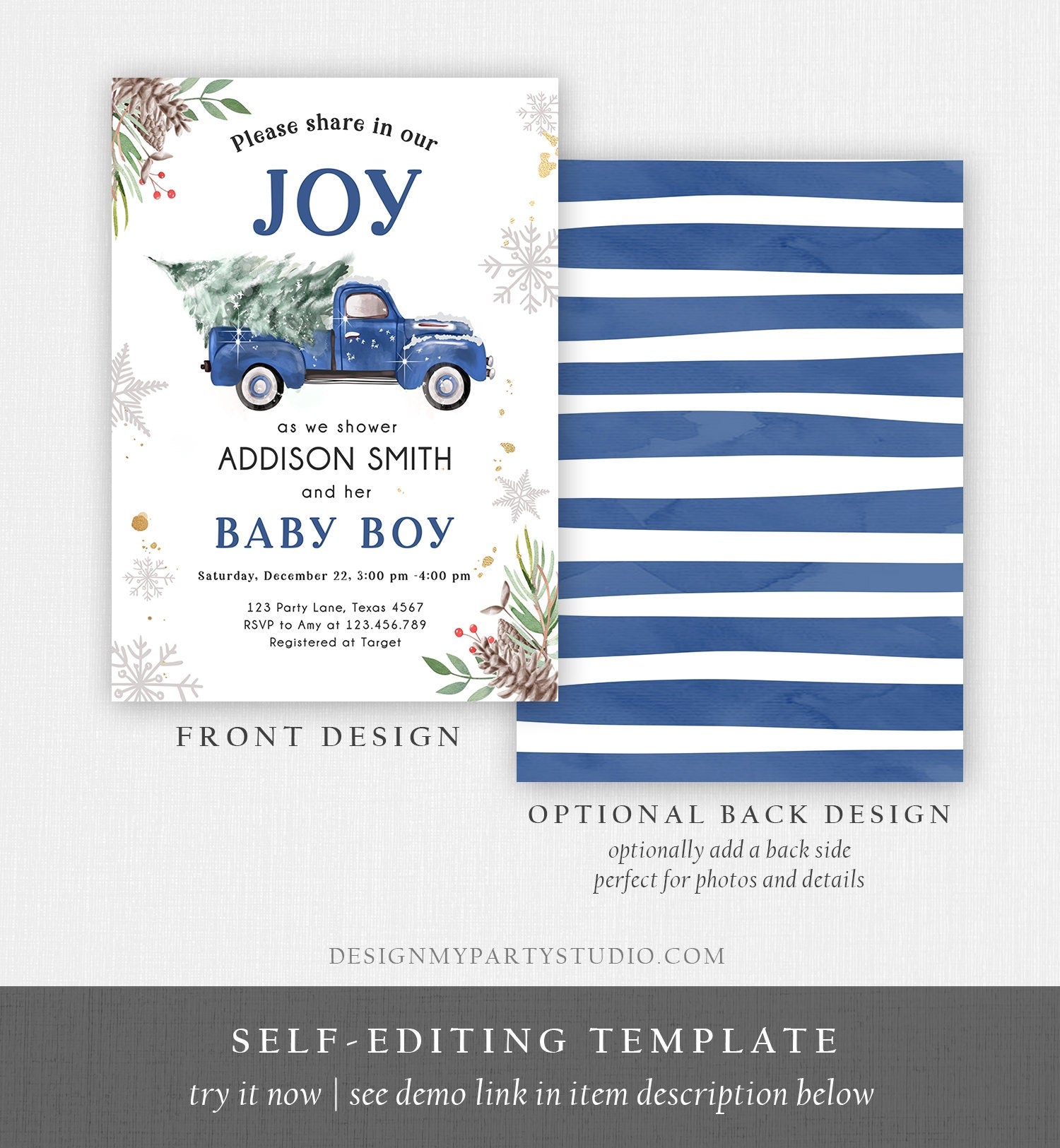 Editable Blue Truck Baby Shower Invitation Winter Baby Shower Baby Boy Christmas Tree Truck Watercolor December Template Download Corjl 0356