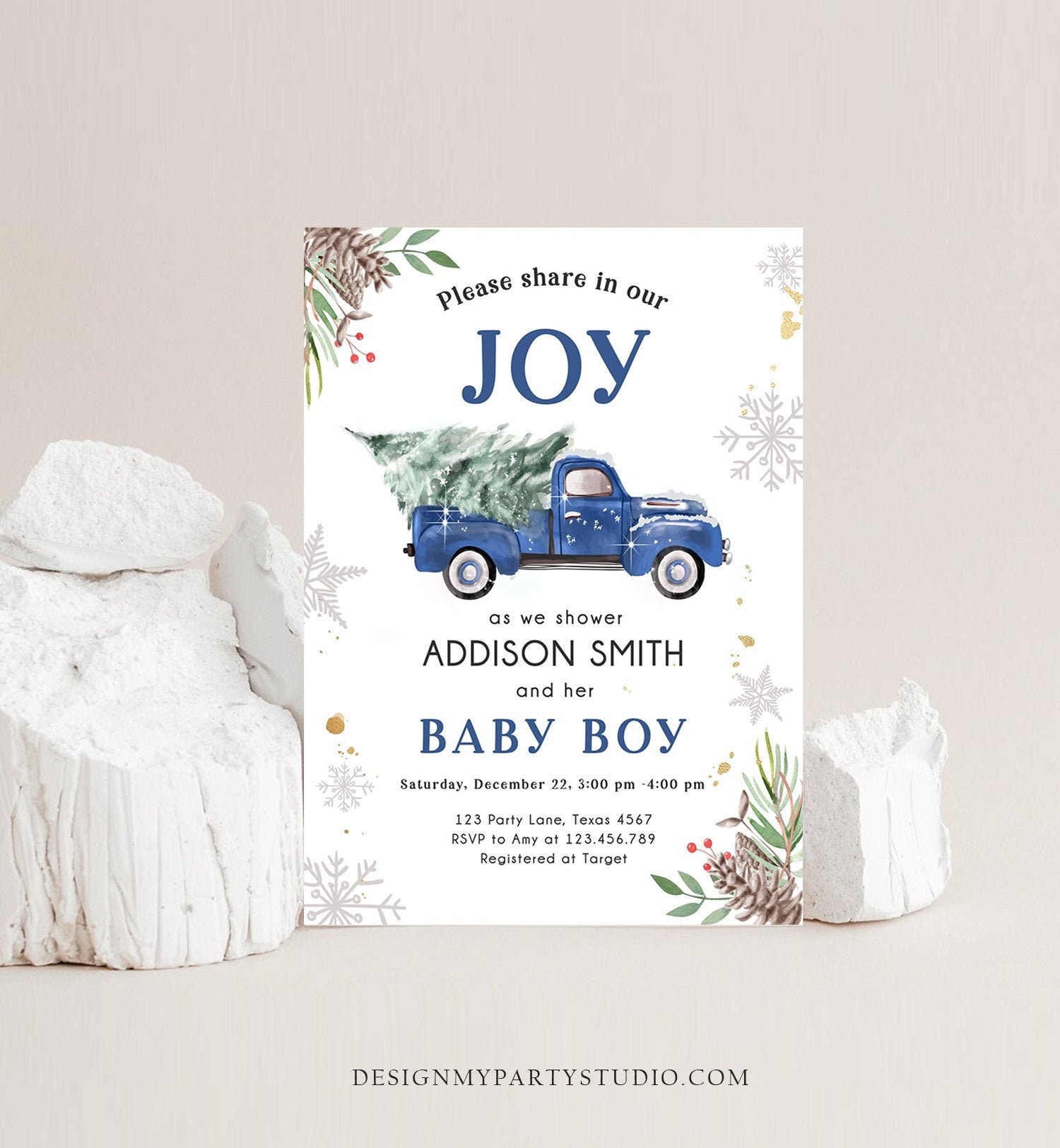 Editable Blue Truck Baby Shower Invitation Winter Baby Shower Baby Boy Christmas Tree Truck Watercolor December Template Download Corjl 0356