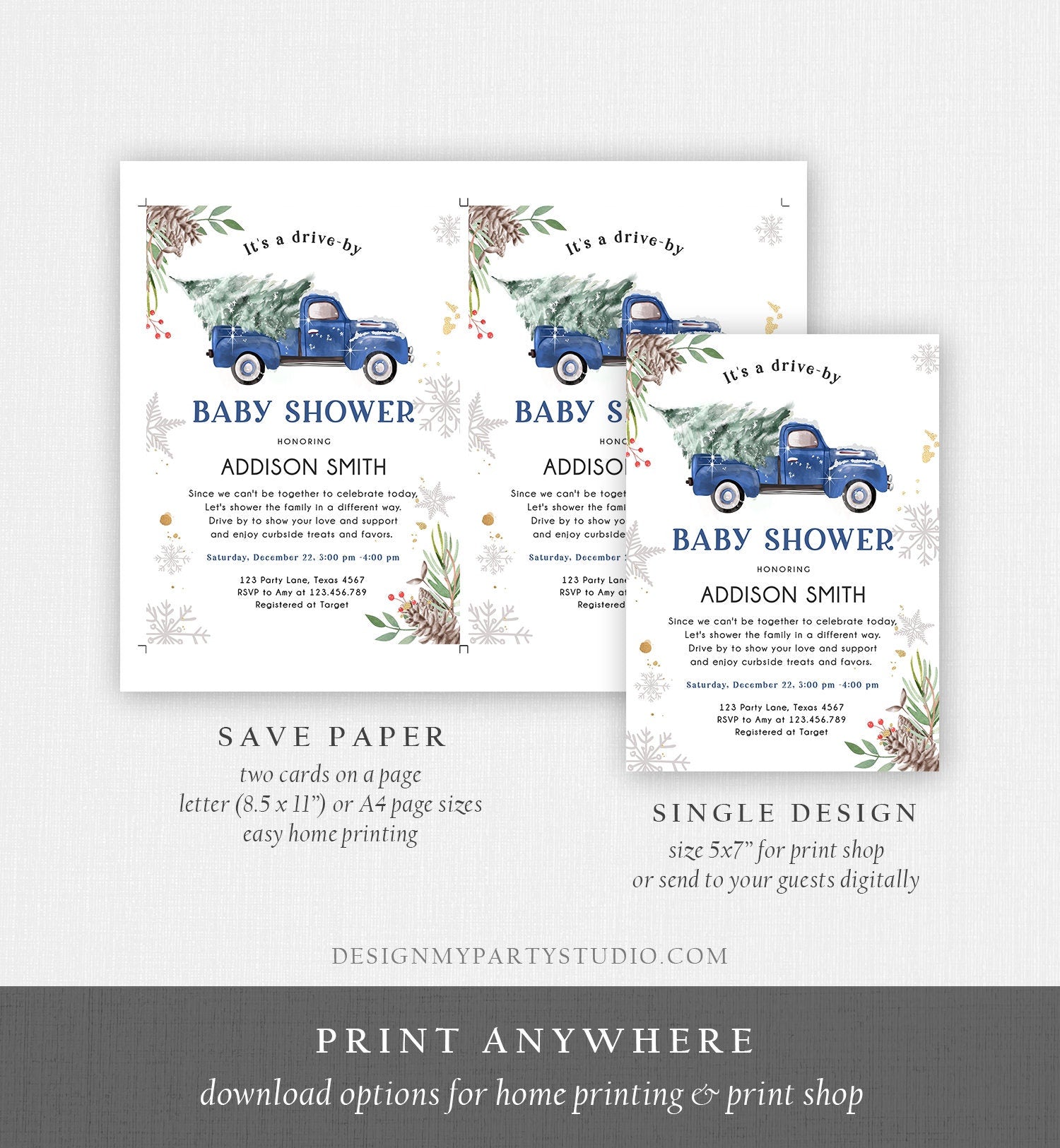 Editable Winter Drive By Baby Shower Invitation Blue Truck Boy Baby Shower Invite Quarantine Drive Through Tree Template Download Corjl 0356