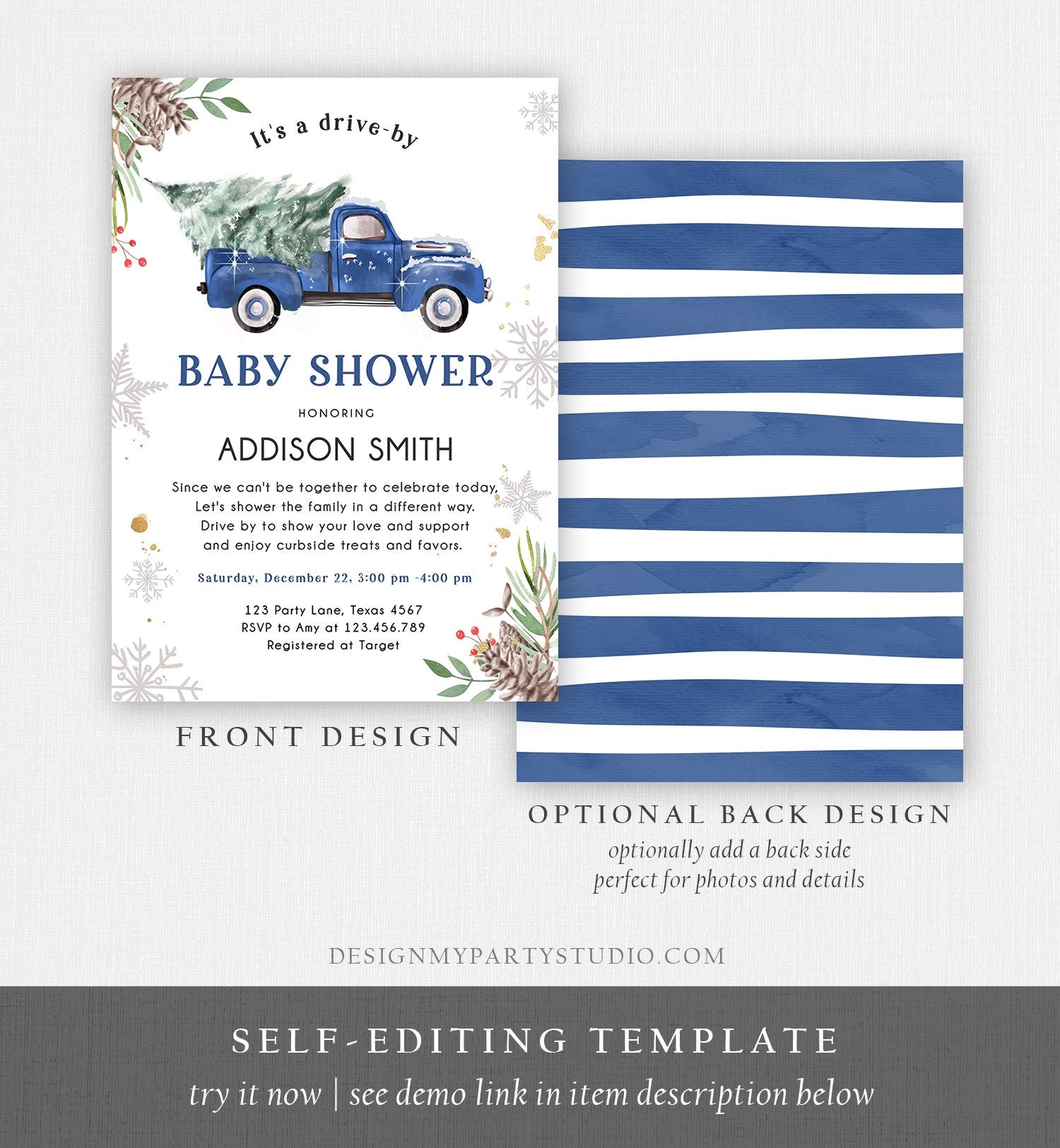 Editable Winter Drive By Baby Shower Invitation Blue Truck Boy Baby Shower Invite Quarantine Drive Through Tree Template Download Corjl 0356