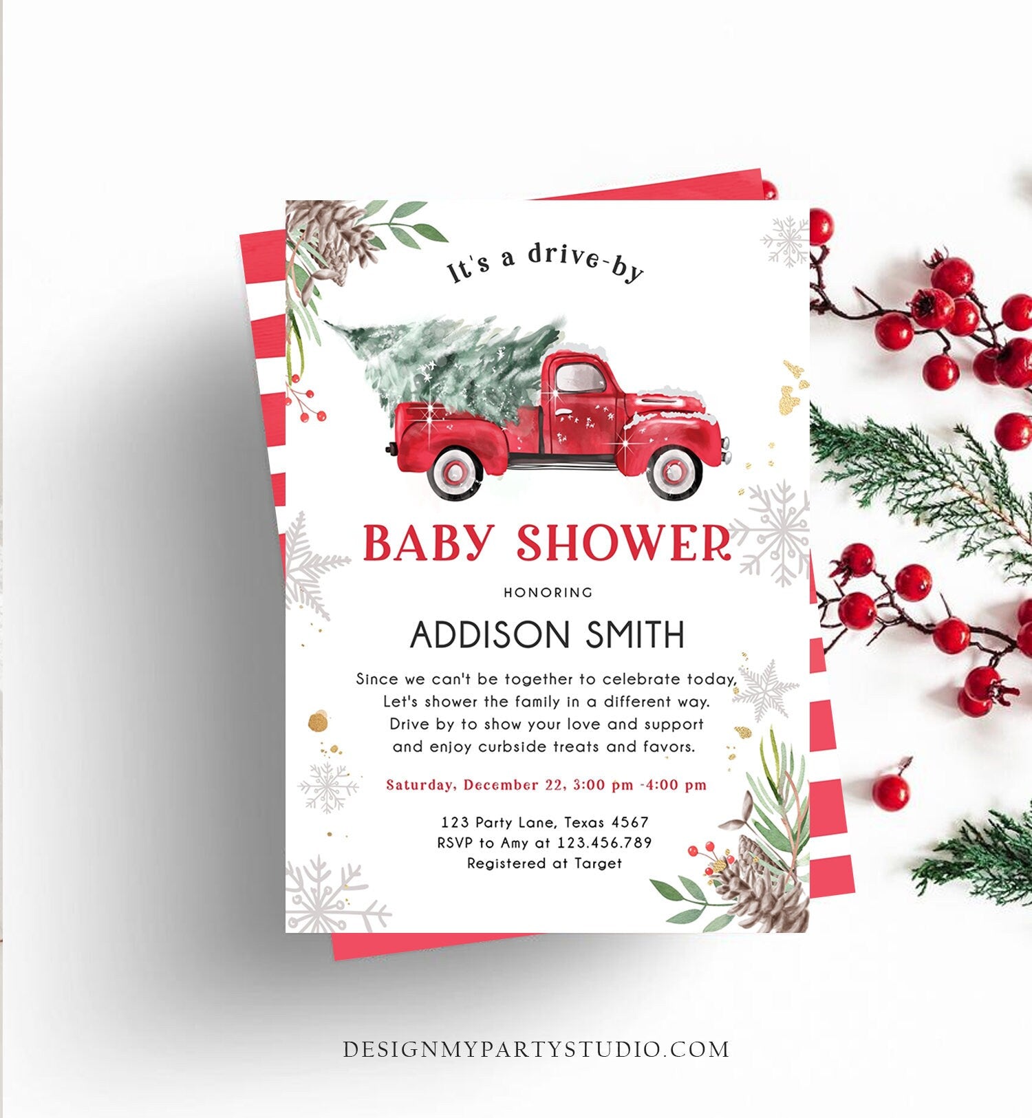 Editable Winter Drive By Baby Shower Invitation Red Truck Baby Shower Invite Gender Neutral Drive Through Tree Template Download Corjl 0356