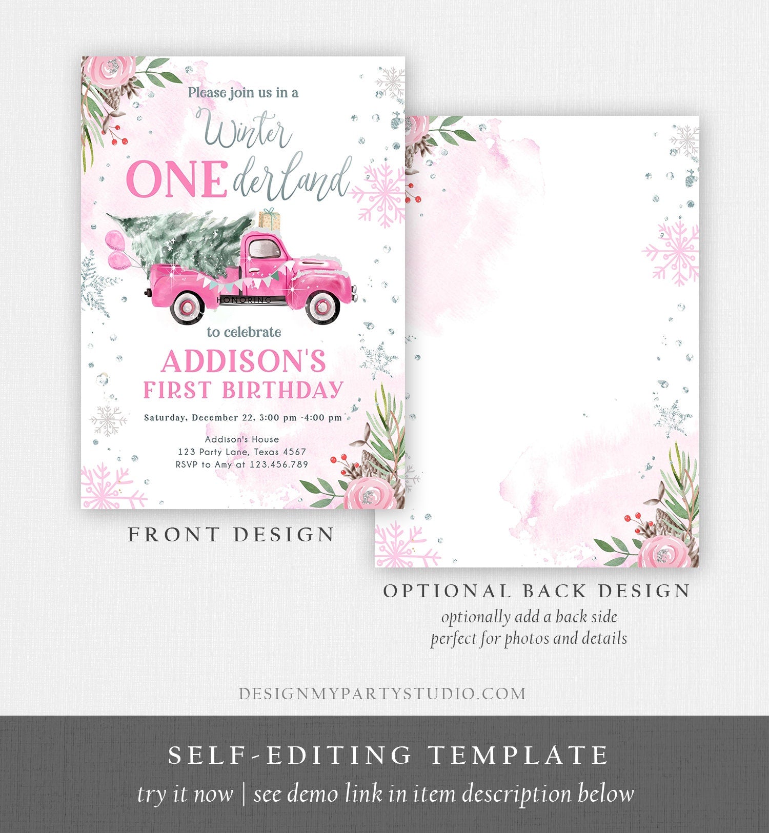 Editable Winter Onederland Winter 1st Birthday Invitation Winter Pink Silver Floral Truck Trees Girl First Printable Template DIY 0356