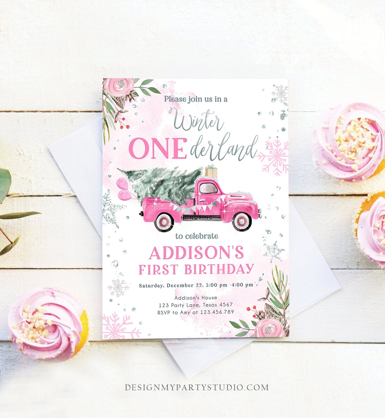 Editable Winter Onederland Winter 1st Birthday Invitation Winter Pink Silver Floral Truck Trees Girl First Printable Template DIY 0356