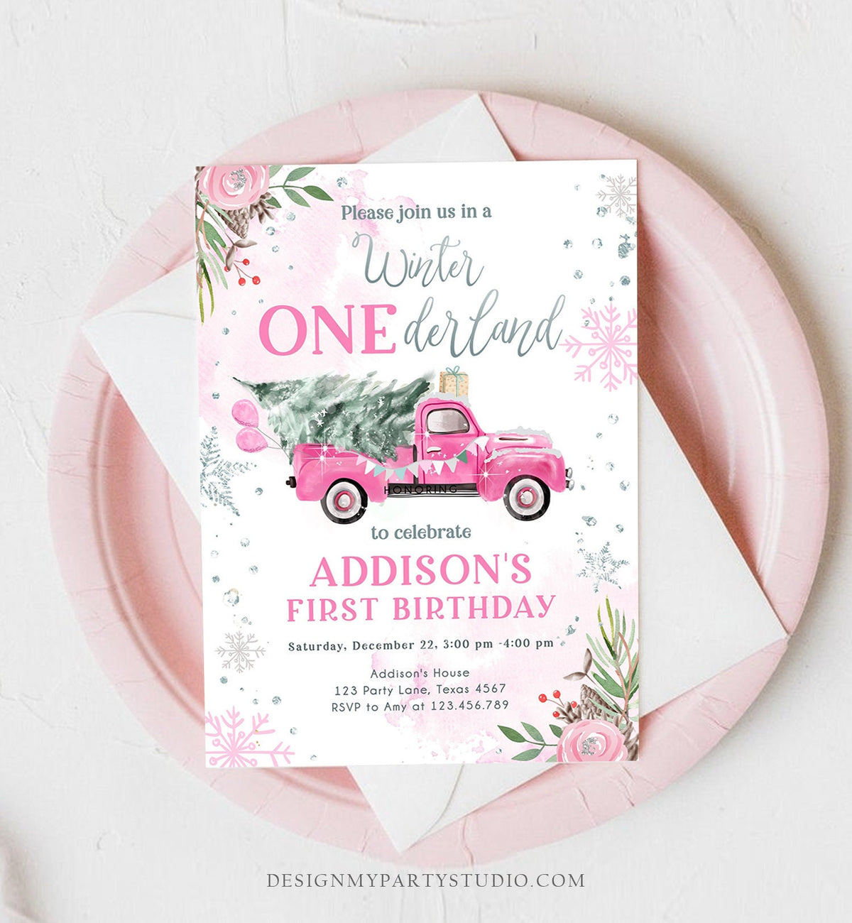 Editable Winter Onederland Winter 1st Birthday Invitation Winter Pink Silver Floral Truck Trees Girl First Printable Template DIY 0356