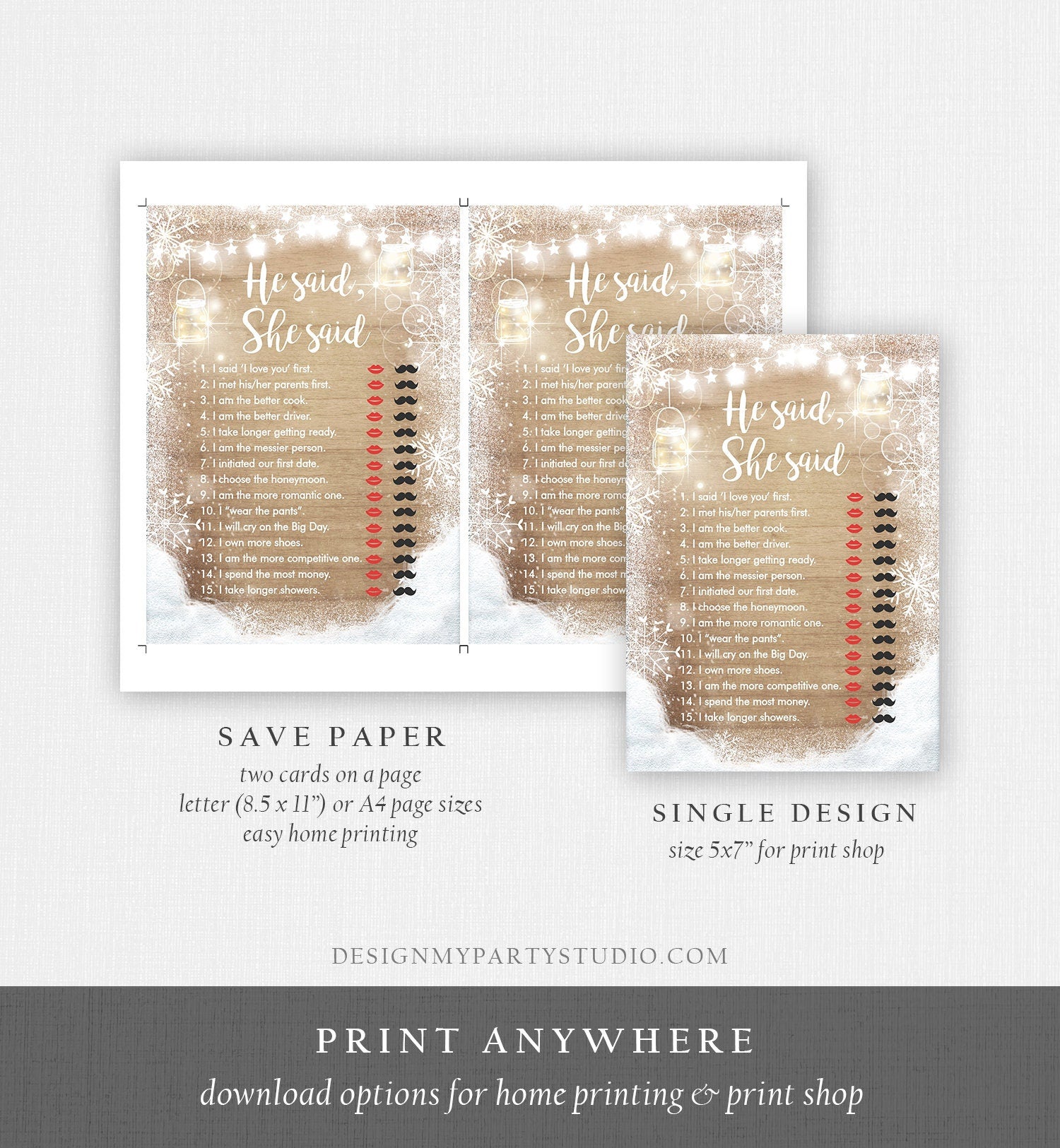 Editable He Said She Said Bridal Shower Game Winter Wedding Activity Baby Shower Its Cold Outside Rustic Wood Corjl Template Printable 0031