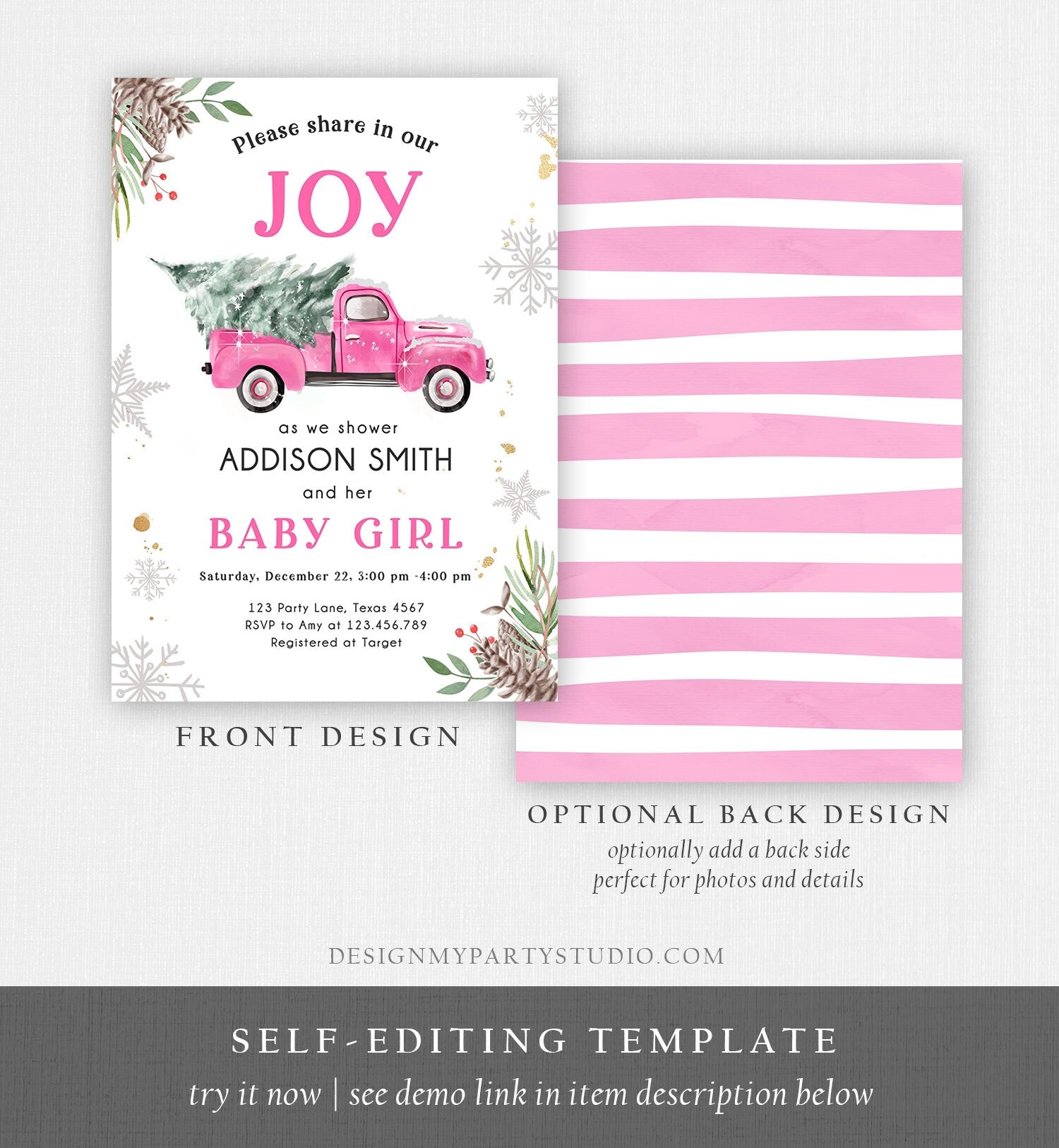 Editable Pink Truck Baby Shower Invitation Winter Baby Shower Baby Girl Christmas Tree Watercolor December Template Download Corjl 0356