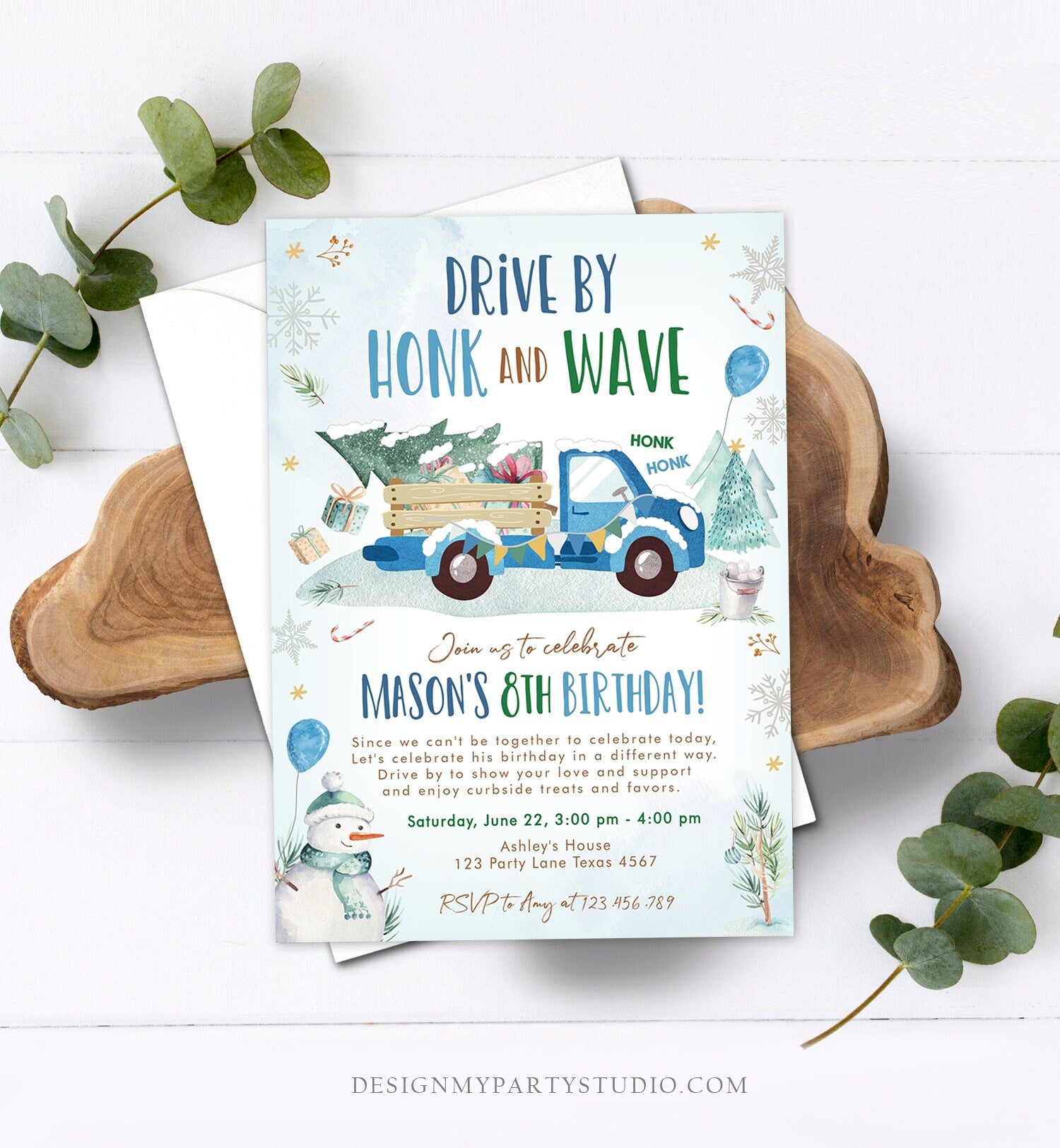 Editable Winter Drive By Birthday Invitation Parade Winter Onederland Virtual Party Invite Boy Blue Truck Quarantine Download Corjl 0278