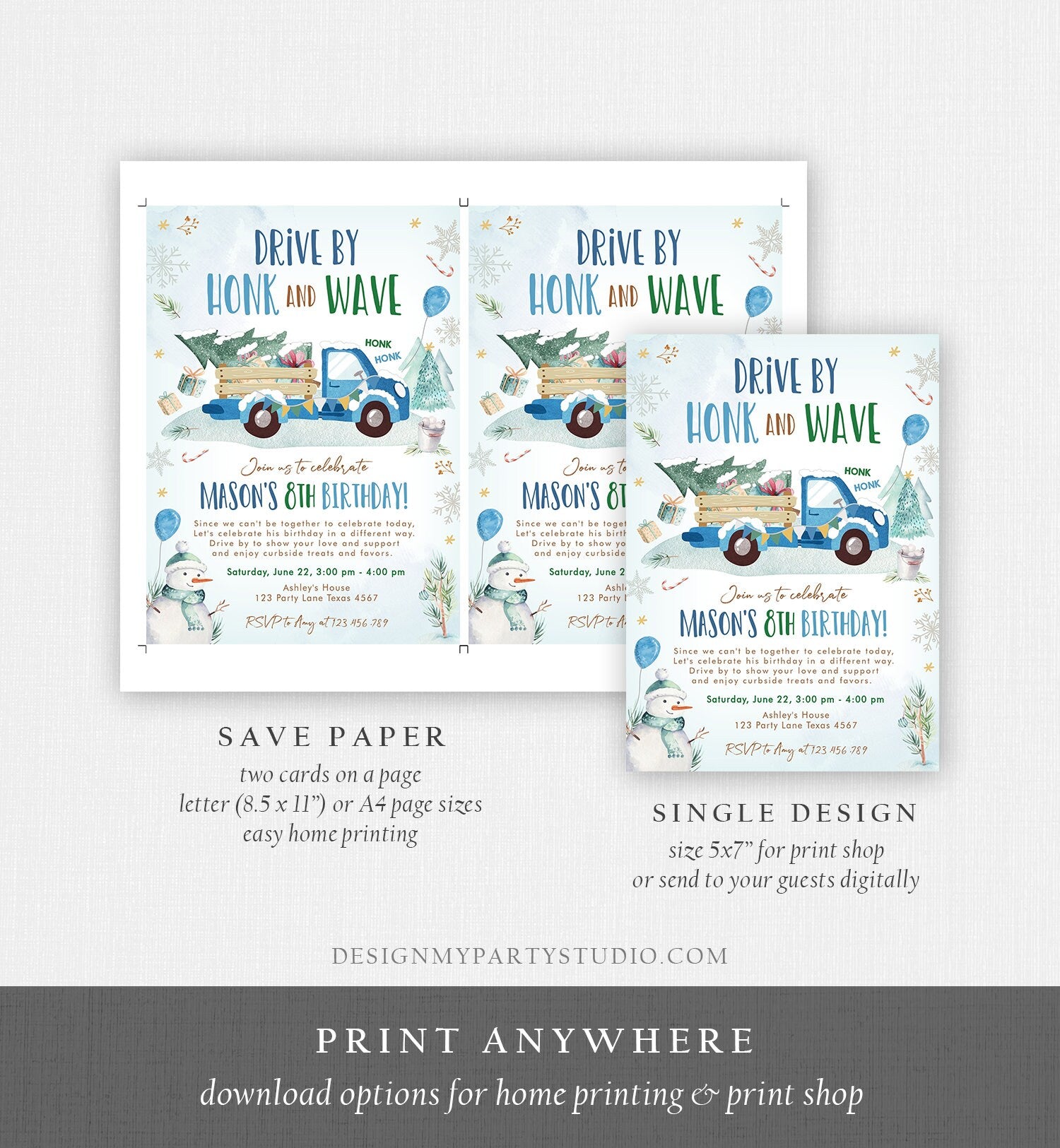 Editable Winter Drive By Birthday Invitation Parade Winter Onederland Virtual Party Invite Boy Blue Truck Quarantine Download Corjl 0278