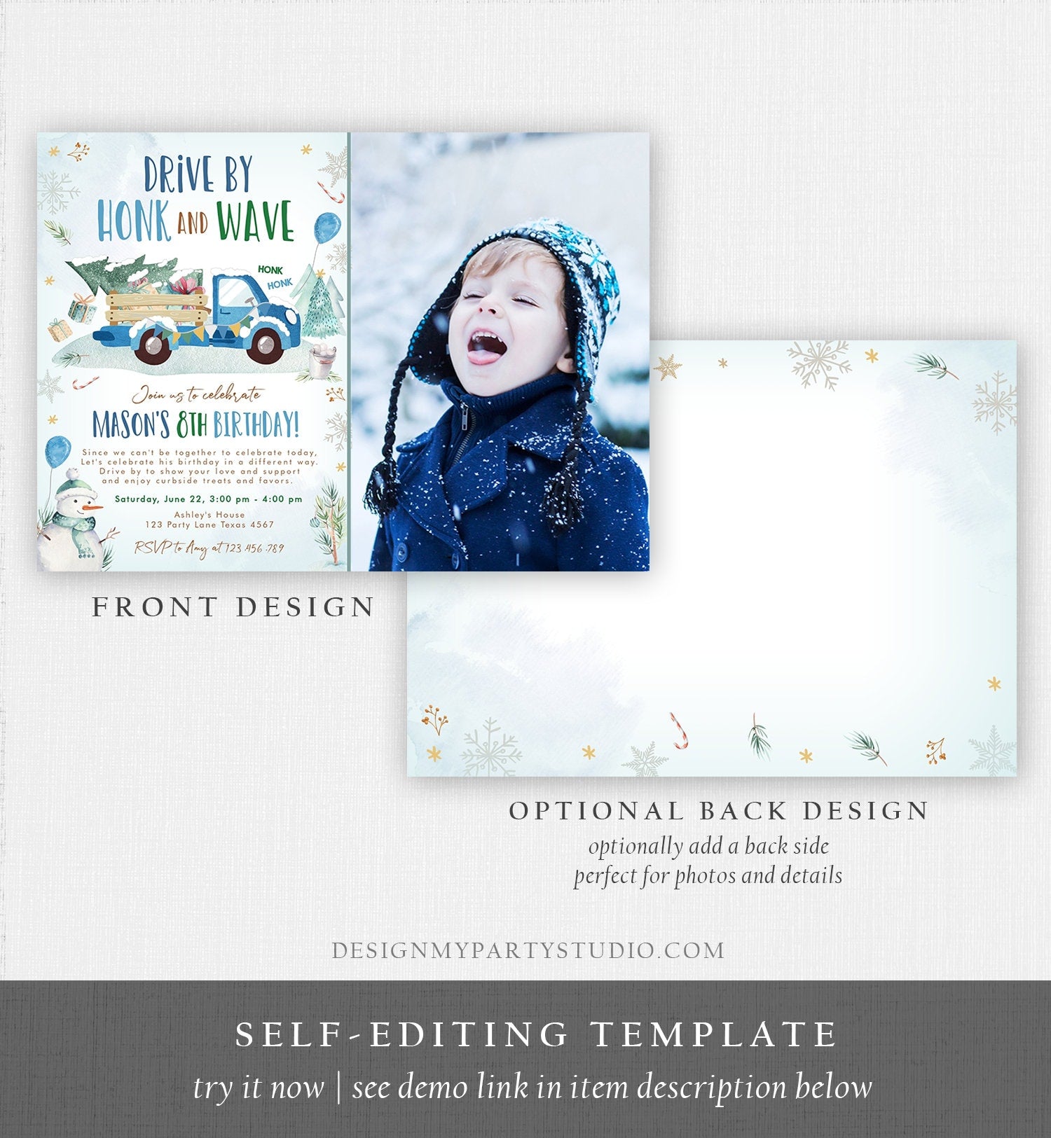 Editable Winter Drive By Birthday Invitation Parade Winter Onederland Virtual Party Invite Boy Blue Truck Quarantine Download Corjl 0278