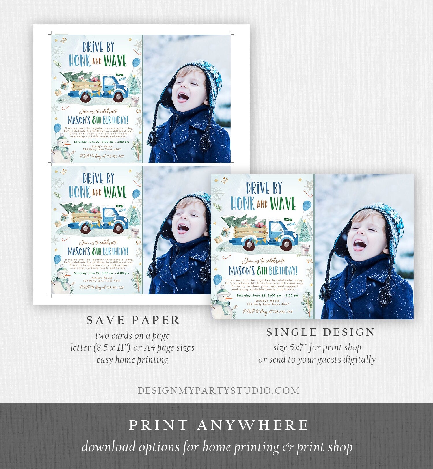 Editable Winter Drive By Birthday Invitation Parade Winter Onederland Virtual Party Invite Boy Blue Truck Quarantine Download Corjl 0278