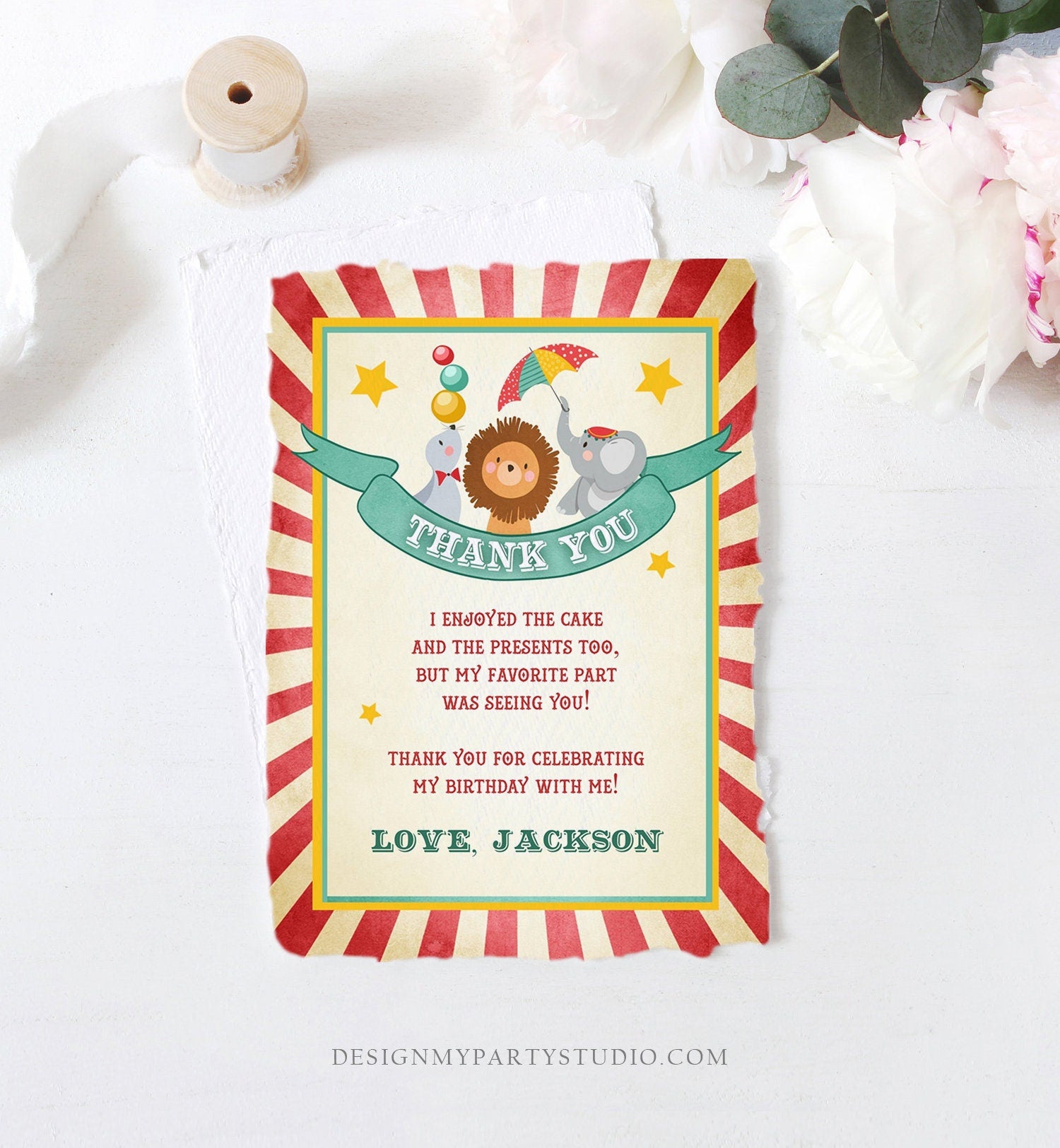 Editable Circus Carnival Thank You Card Vintage Festival Circus Big Fair Red Boy Girl Instant Download Printable Template Corjl Digital 0013