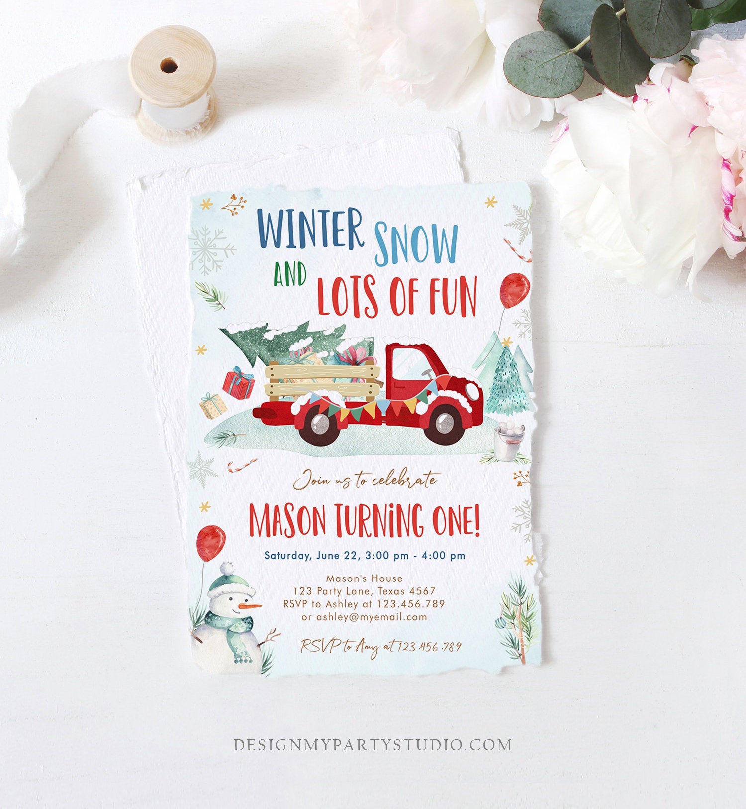 Editable Winter Truck Birthday Invitation Oh What Fun First Birthday One Red Truck Drive By Through Download Corjl Template Printable 0278