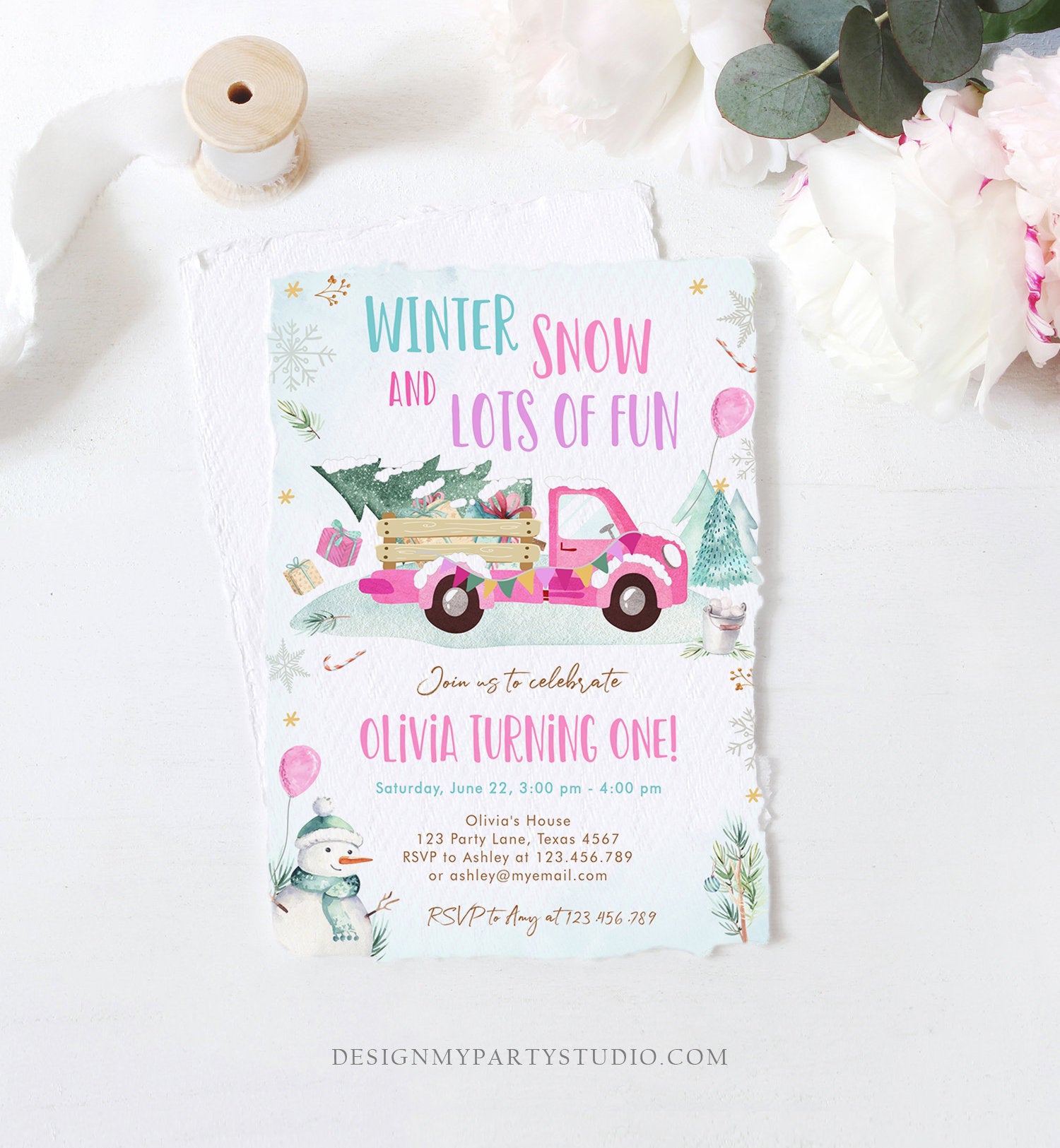 Editable Winter Truck Birthday Invitation Oh What Fun First Birthday One Pink Truck Drive By Through Download Corjl Template Printable 0278