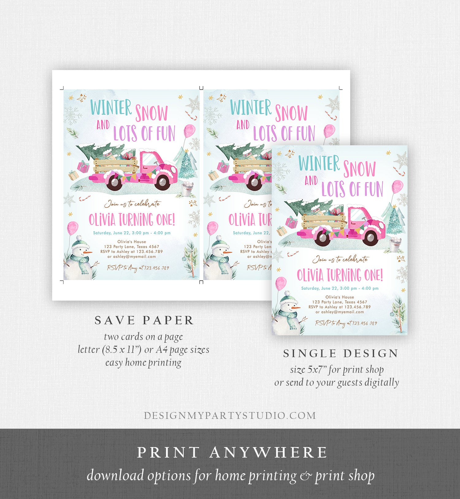 Editable Winter Truck Birthday Invitation Oh What Fun First Birthday One Pink Truck Drive By Through Download Corjl Template Printable 0278