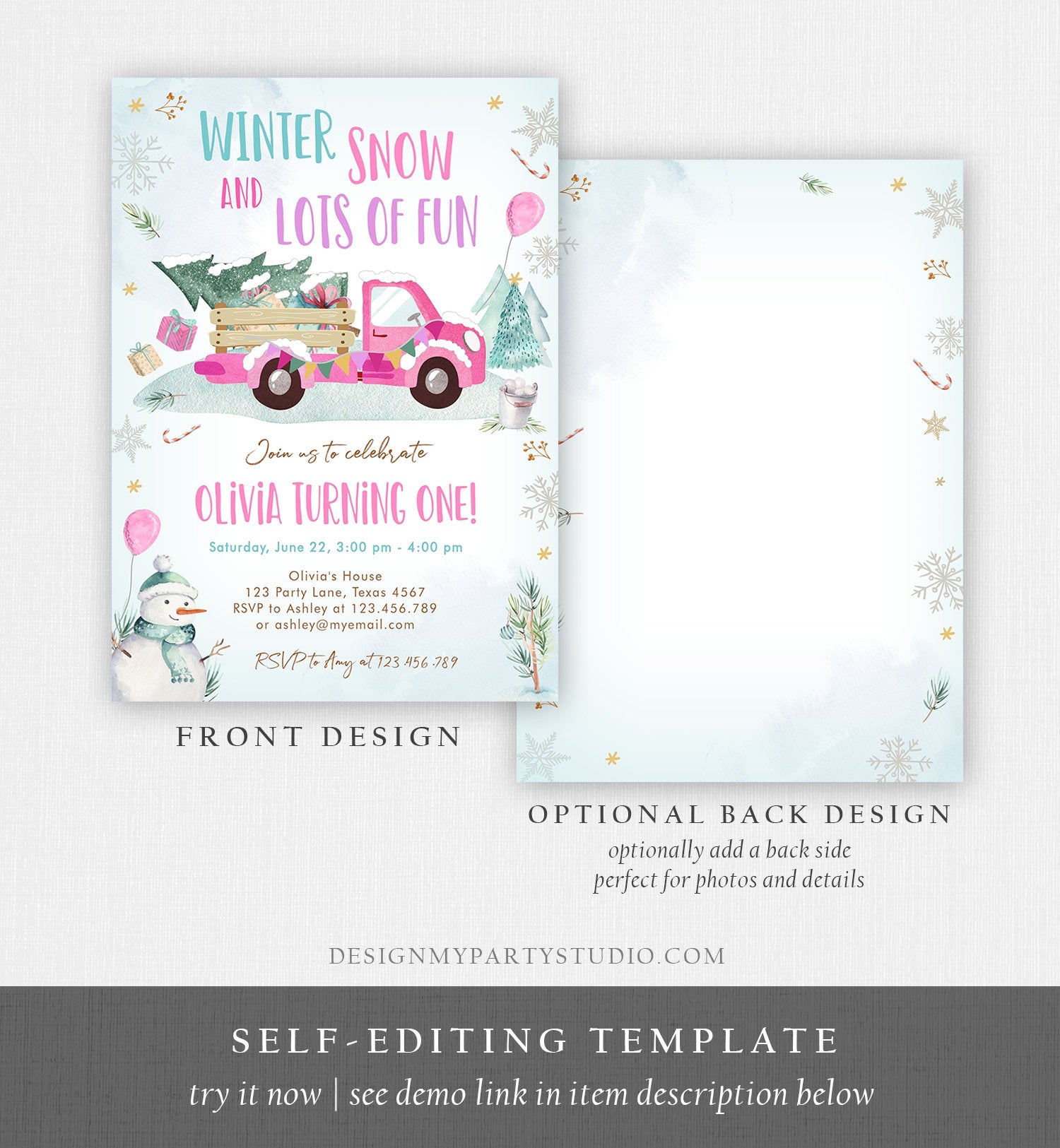 Editable Winter Truck Birthday Invitation Oh What Fun First Birthday One Pink Truck Drive By Through Download Corjl Template Printable 0278