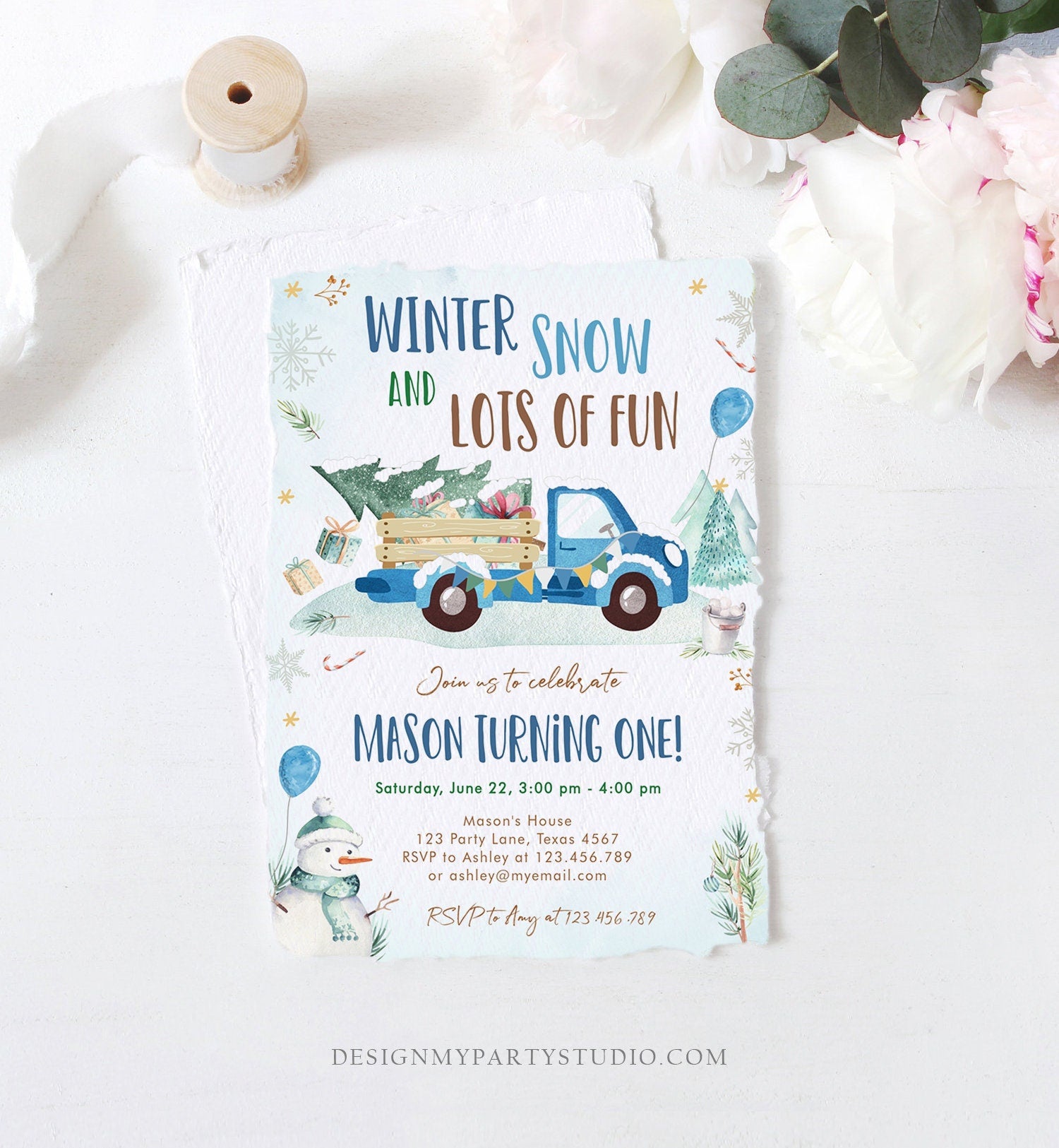 Editable Winter Truck Birthday Invitation Oh What Fun First Birthday One Blue Truck Drive By Through Download Corjl Template Printable 0278