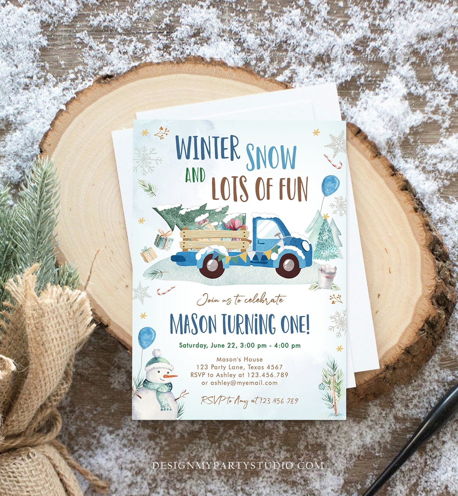 Editable Winter Truck Birthday Invitation Oh What Fun First Birthday One Blue Truck Drive By Through Download Corjl Template Printable 0278