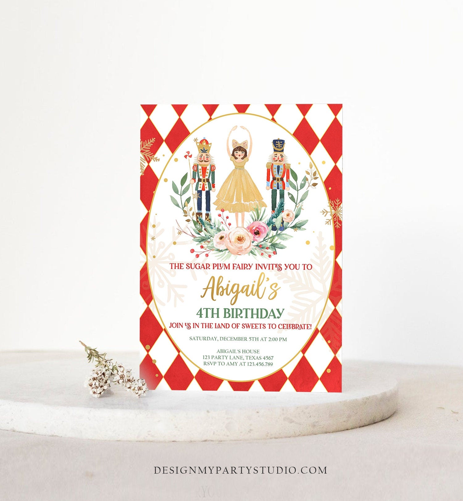 Editable Nutcracker Birthday Invitation Sugar Plum Fairy Holiday Party Christmas Ballet Nutcracker Download Printable Template Corjl 0352