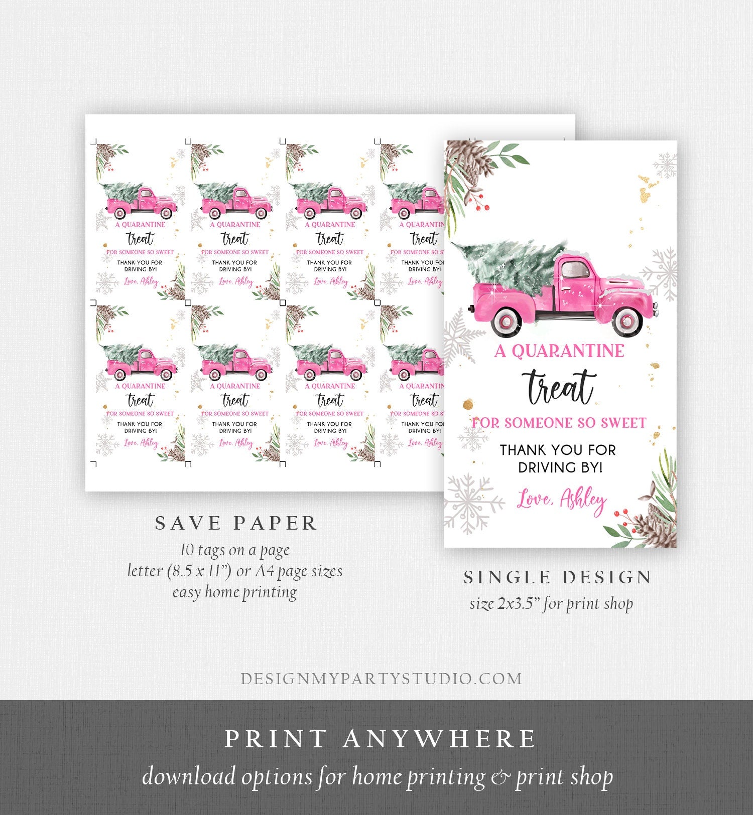 Editable Drive By Favor Tag Drive Through Baby Shower Bridal Birthday Thank You Gift Quarantine Pink Girl Truck Winter Christmas Corjl 0356