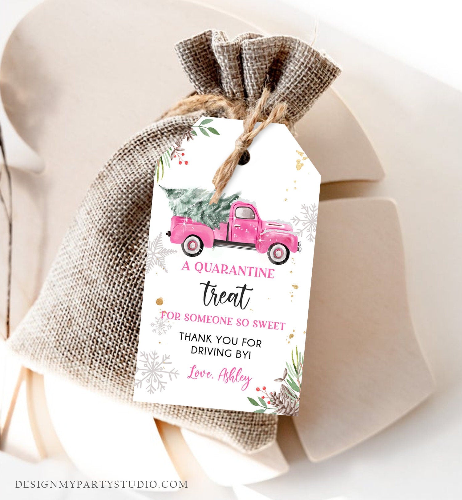 Editable Drive By Favor Tag Drive Through Baby Shower Bridal Birthday Thank You Gift Quarantine Pink Girl Truck Winter Christmas Corjl 0356