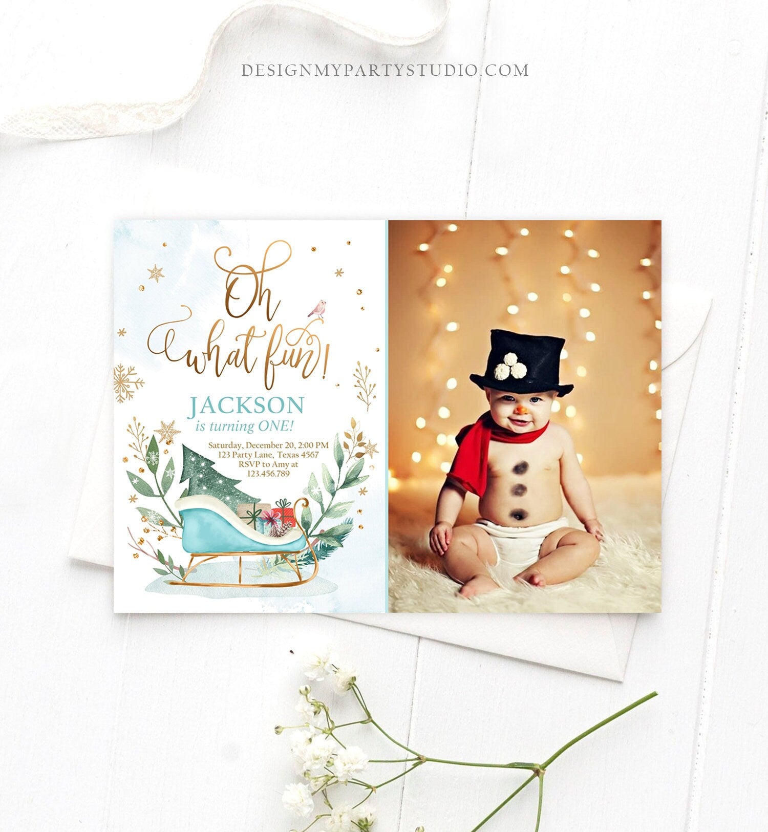 Editable Oh What Fun! Holiday 1st Winter Birthday Invitation Winter Christmas Party Sleigh Trees Boy Blue Gold Printable Template DIY 0353