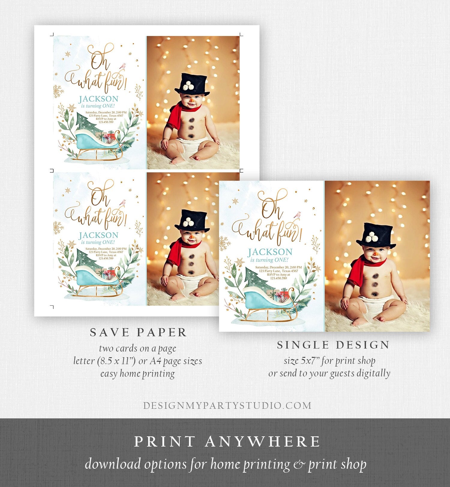 Editable Oh What Fun! Holiday 1st Winter Birthday Invitation Winter Christmas Party Sleigh Trees Boy Blue Gold Printable Template DIY 0353