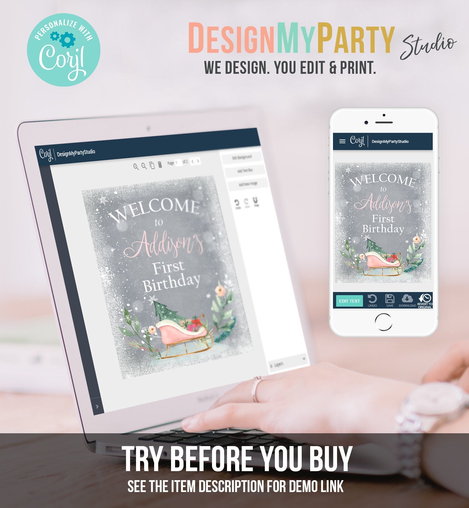 Editable Winter Birthday Welcome Sign Sleigh Oh What Fun Welcome Girl Pink Grey Baby Shower Cold Outside Sign Template PRINTABLE Corjl 0353