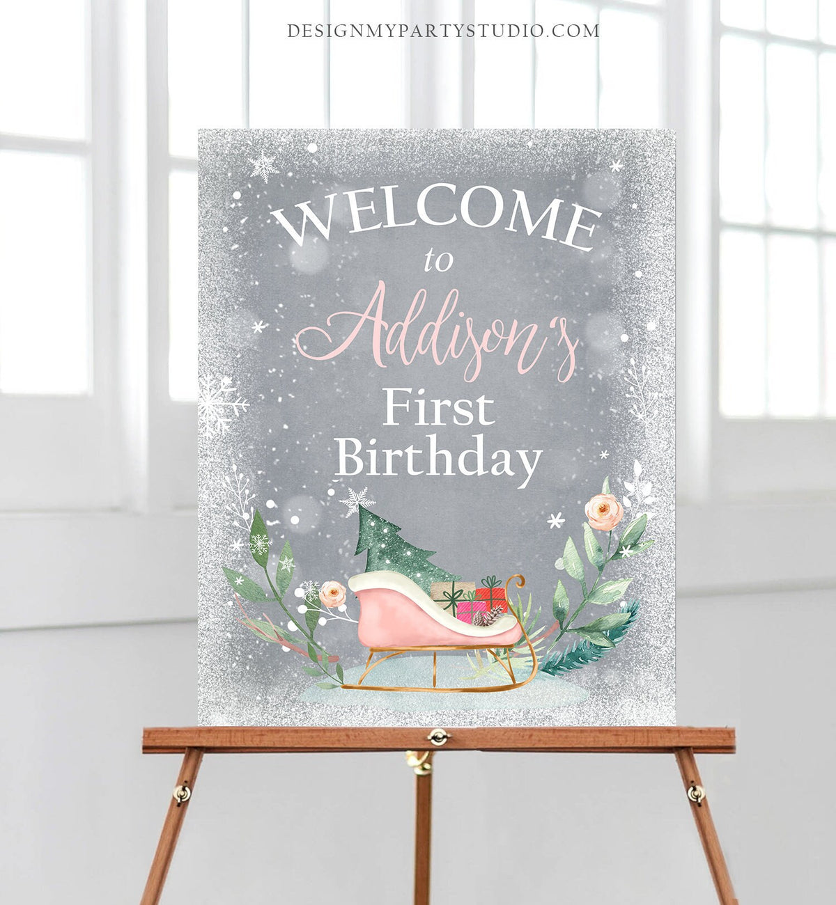 Editable Winter Birthday Welcome Sign Sleigh Oh What Fun Welcome Girl Pink Grey Baby Shower Cold Outside Sign Template PRINTABLE Corjl 0353