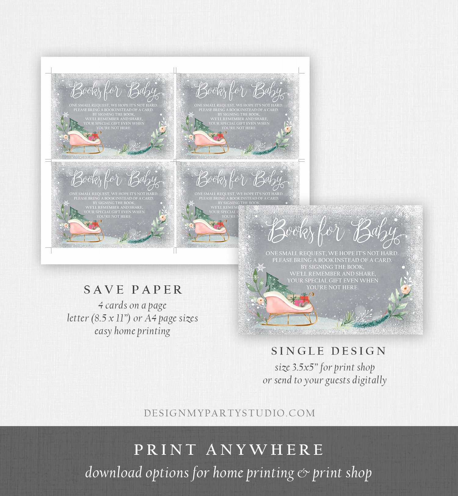 Editable Baby Its Cold Outside Bring a Book Card Winter Baby Shower Books for Baby Insert Gender Neutral Sleigh Template Download Corjl 0353