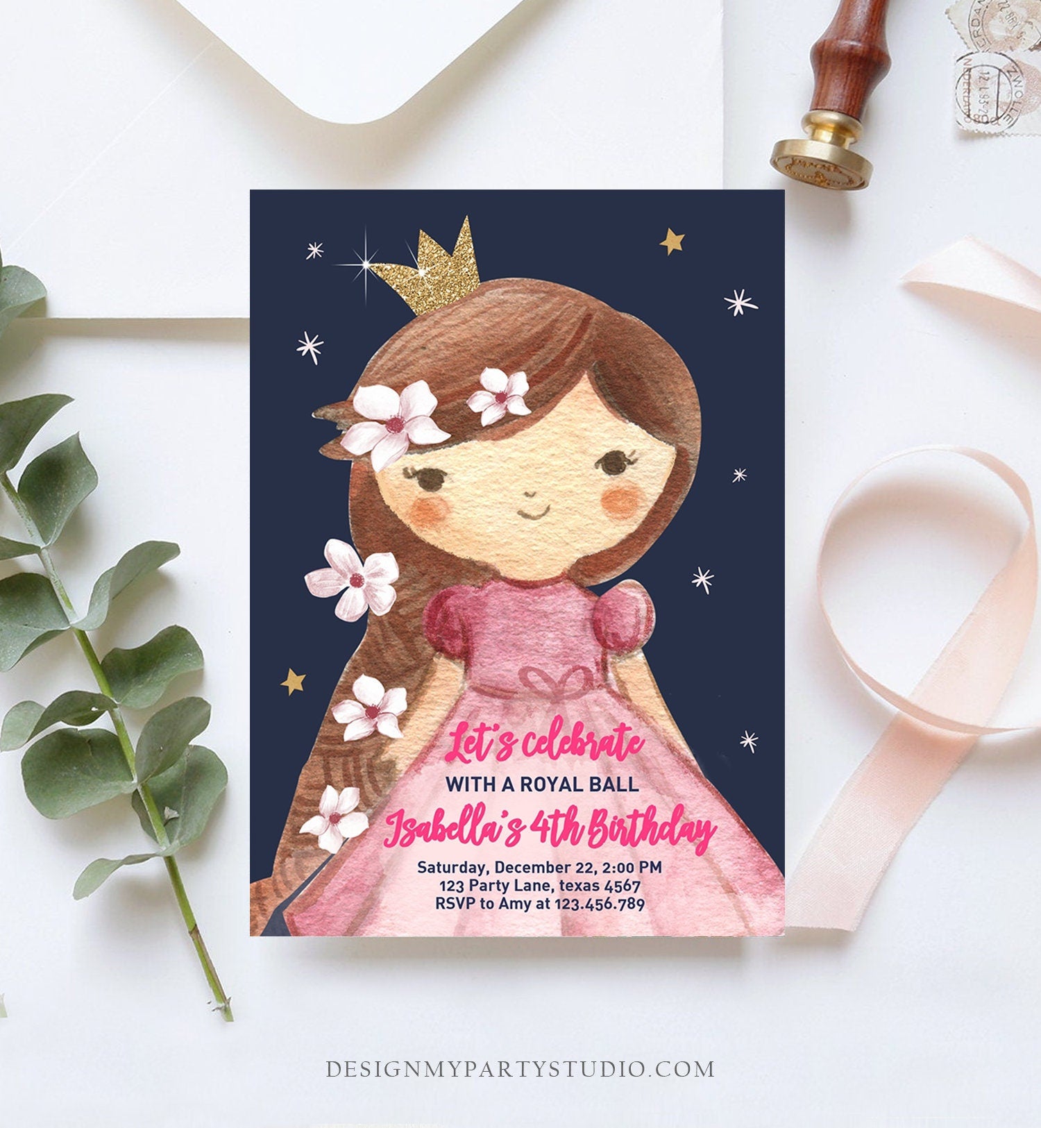 Editable Princess Birthday Invitation Girl Pink Gold Royal Ball Royal Birthday First ANY AGE Crown Download Corjl Template Printable 0171