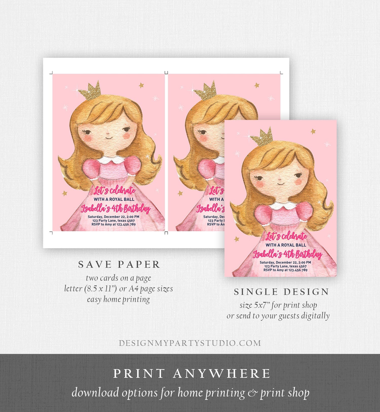 Editable Princess Birthday Invitation Girl Pink Gold Royal Ball Royal Birthday First ANY AGE Crown Download Corjl Template Printable 0171