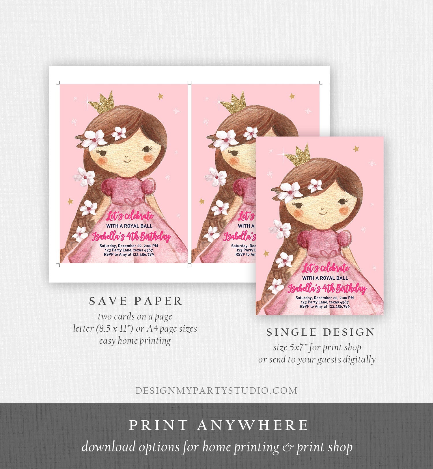 Editable Princess Birthday Invitation Girl Pink Gold Royal Ball Royal Birthday First ANY AGE Crown Download Corjl Template Printable 0171