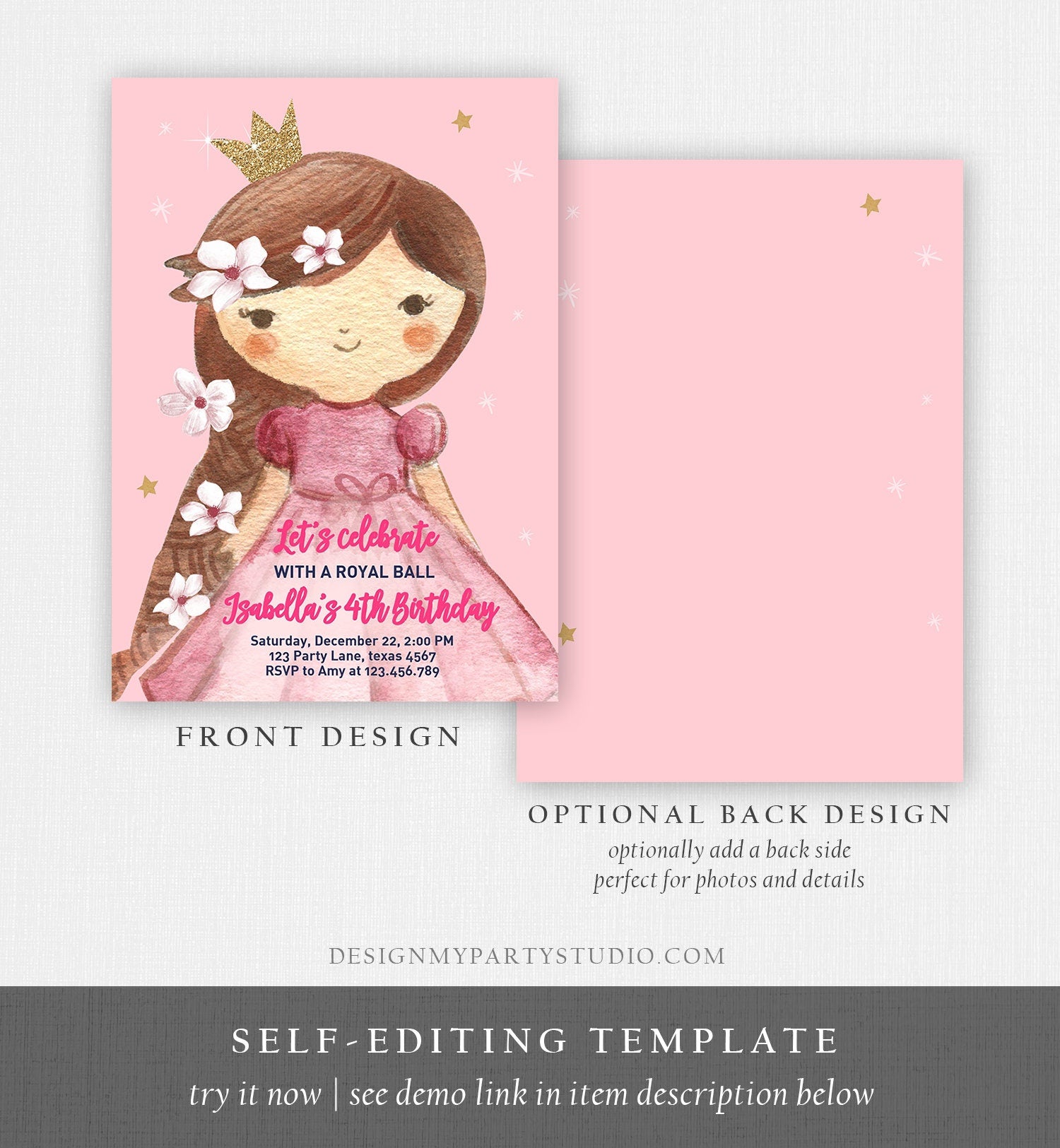 Editable Princess Birthday Invitation Girl Pink Gold Royal Ball Royal Birthday First ANY AGE Crown Download Corjl Template Printable 0171