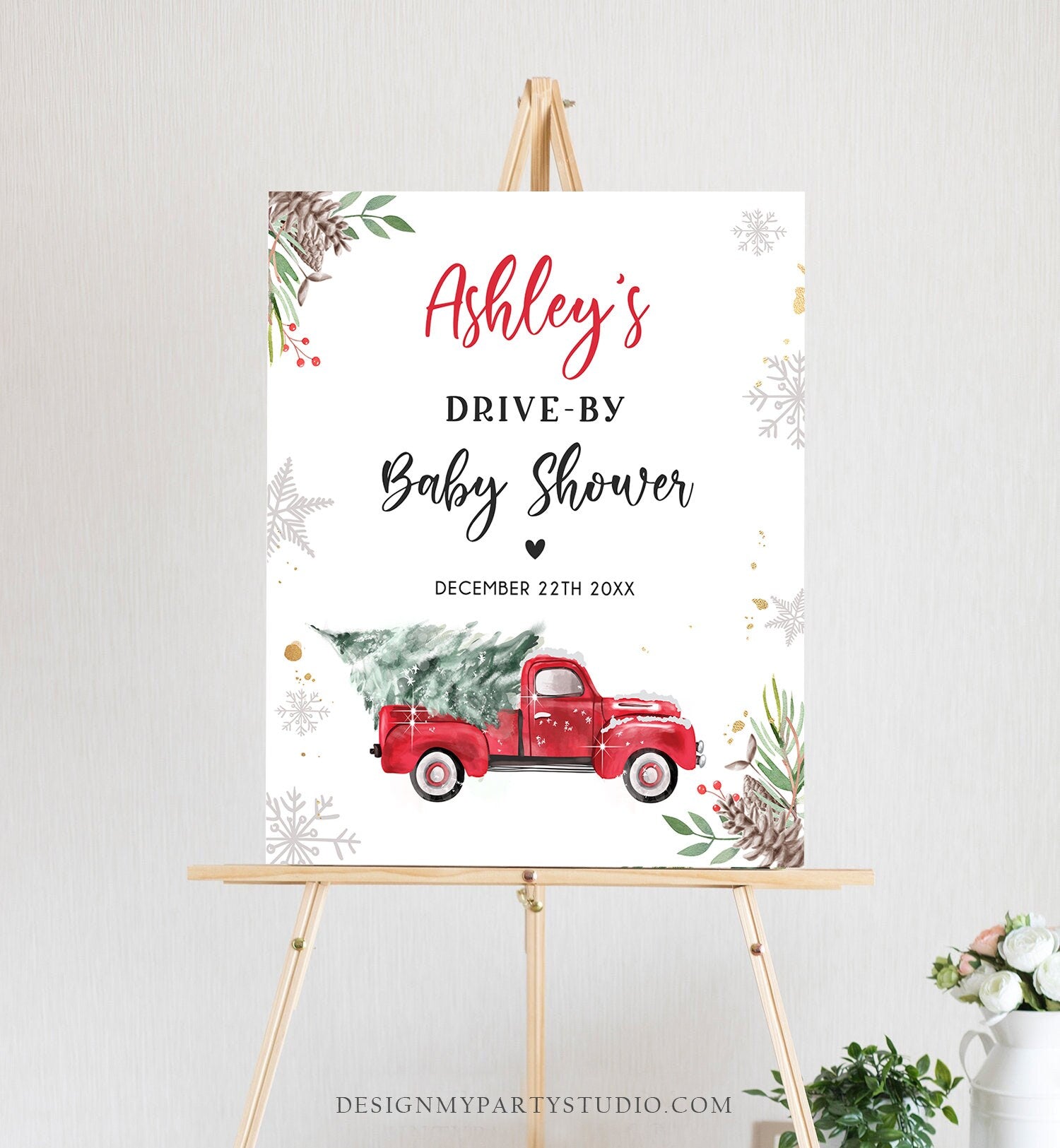 Editable Drive By Baby Shower Welcome Sign Christmas Tree Red Truck Winter Yard Snow Snowflakes Watercolor Corjl Template PRINTABLE 0356