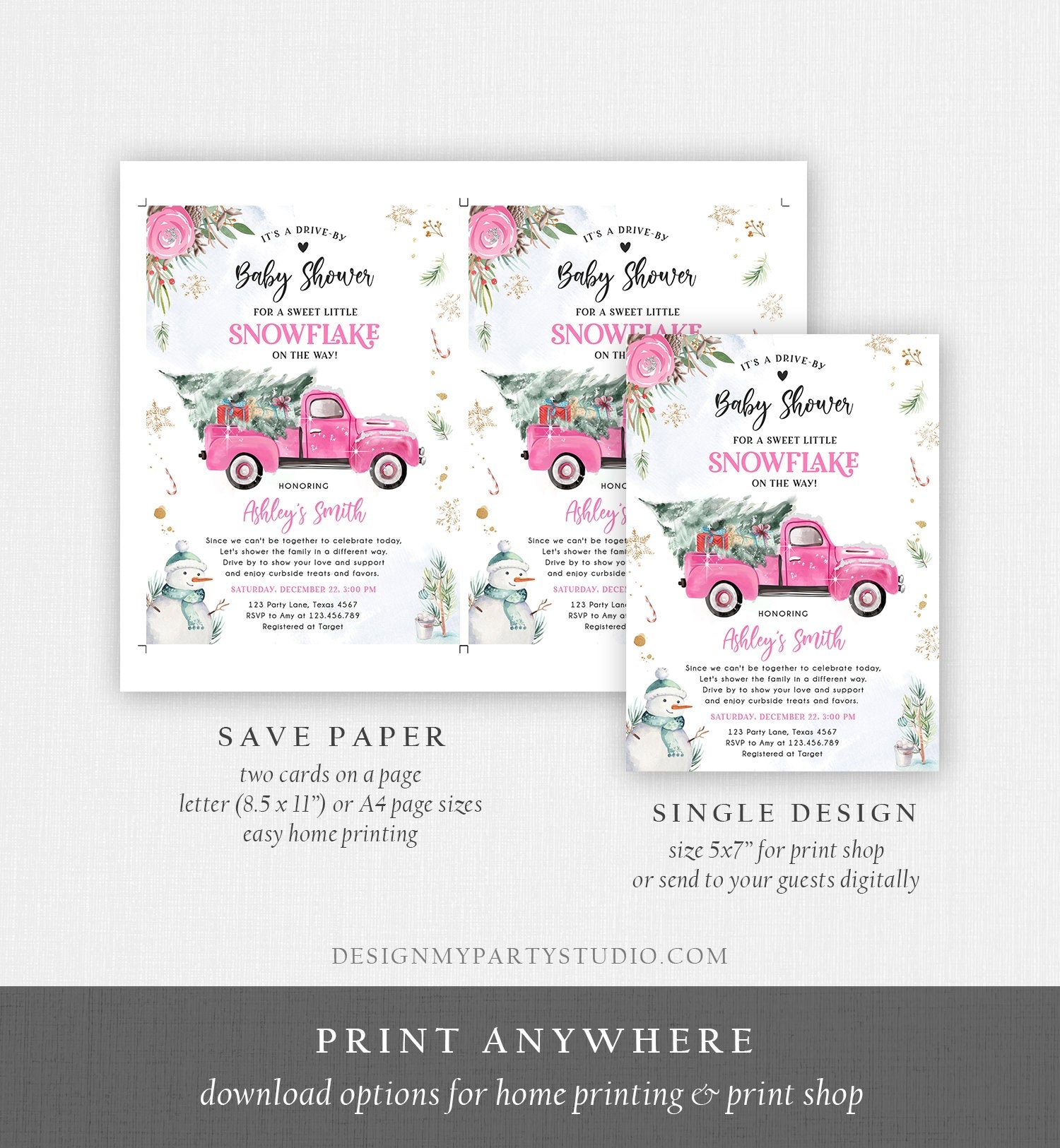 Editable Winter Drive By Baby Shower Invitation Pink Truck Little Snowflake Baby Girl Drive Through Tree Template Download Corjl 0356