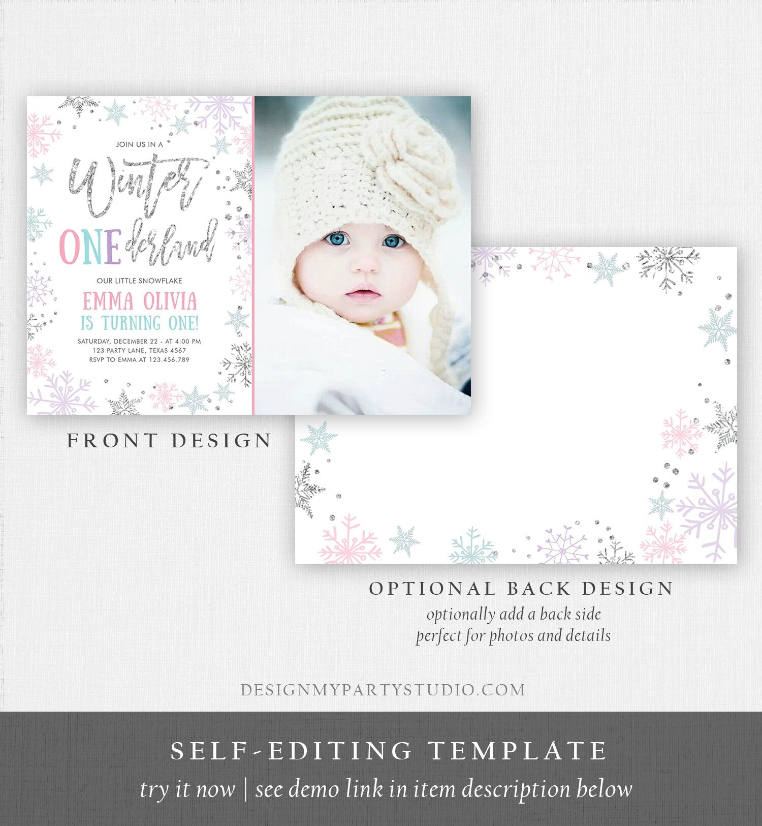 Editable Winter ONEderland Birthday Invitation First Birthday Snowflakes Pink Silver Purple Teal Ice Download Printable Template Corjl 0256