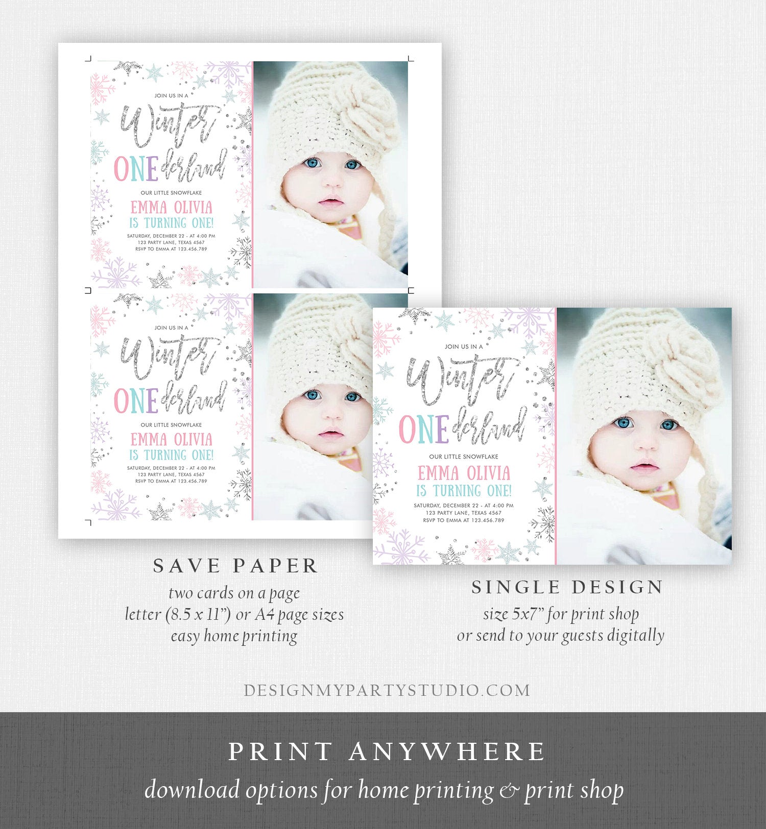 Editable Winter ONEderland Birthday Invitation First Birthday Snowflakes Pink Silver Purple Teal Ice Download Printable Template Corjl 0256