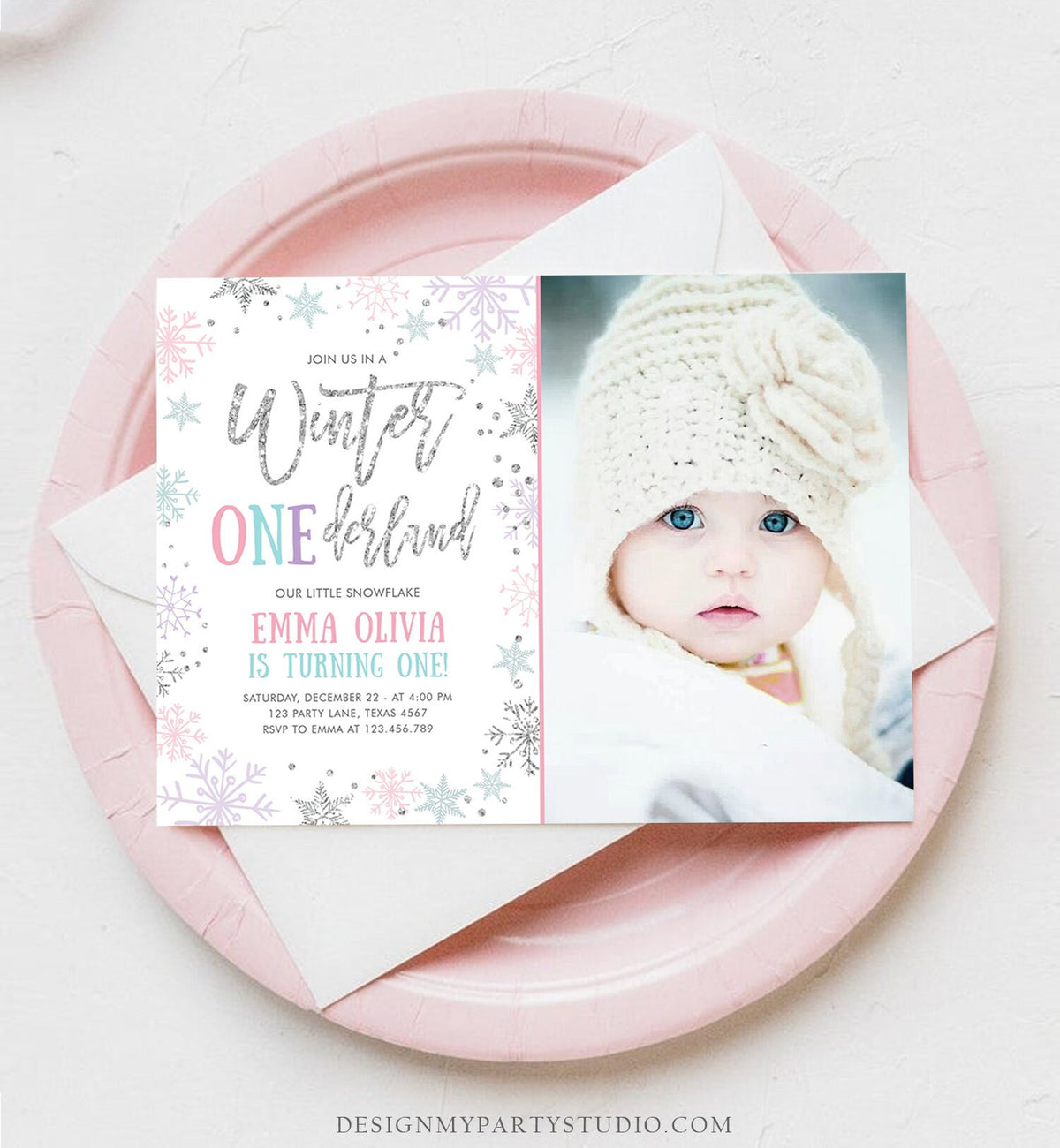 Editable Winter ONEderland Birthday Invitation First Birthday Snowflakes Pink Silver Purple Teal Ice Download Printable Template Corjl 0256