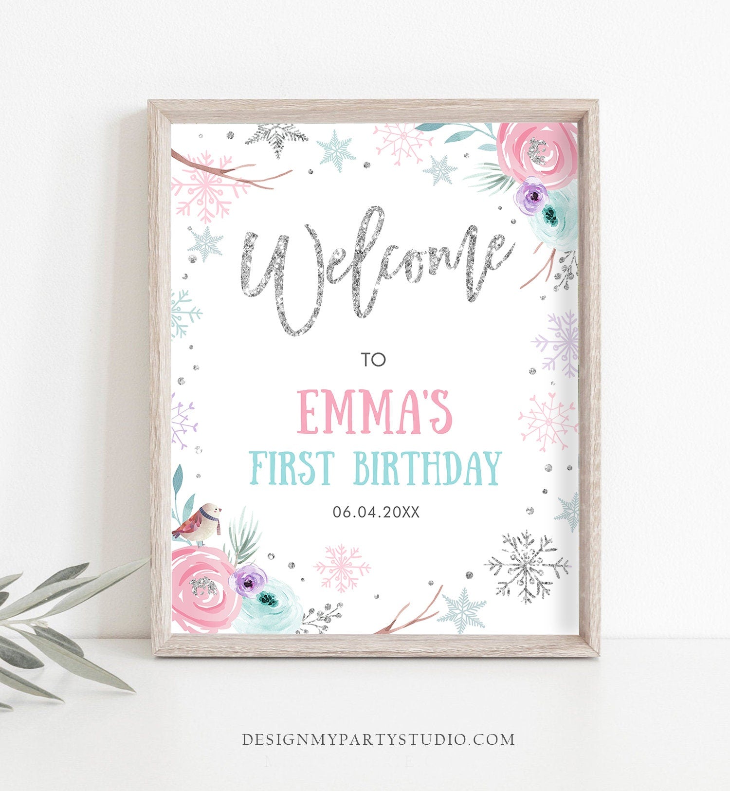 Editable Winter Onederland Welcome Sign First Birthday Girl Pink Silver Little Snowflake Floral Wonderland Corjl Template Printable 0256