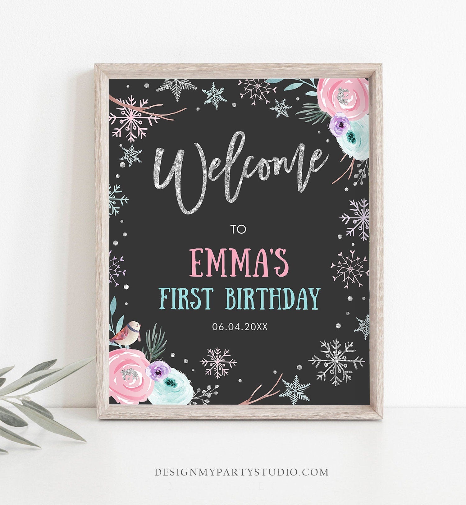 Editable Winter Onederland Welcome Sign First Birthday Girl Pink Silver Little Snowflake Floral Wonderland Corjl Template Printable 0256