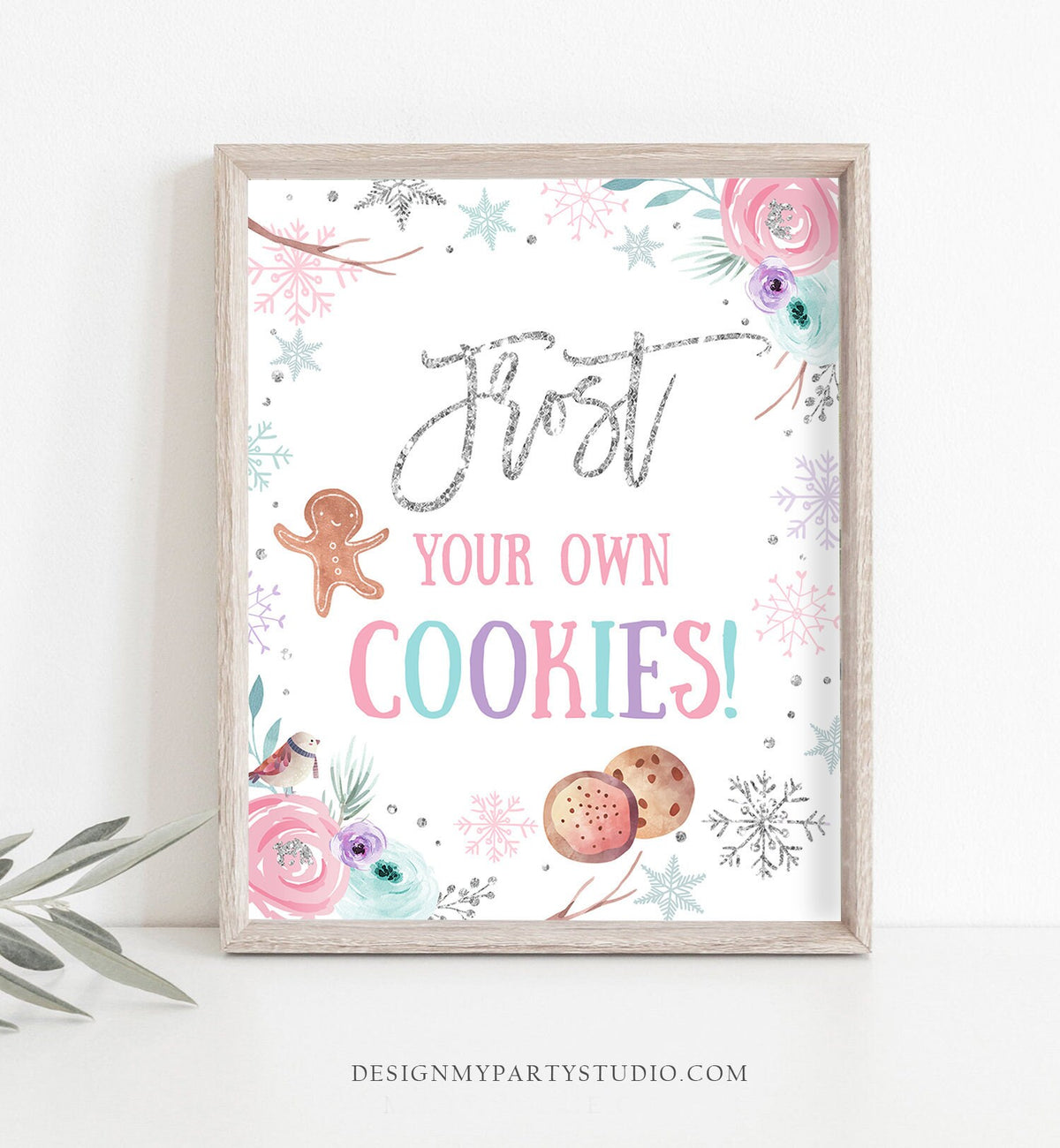 Frost Your Own Cookies Sign Winter Wonderland Onederland Birthday Decor Girl Teal Pink Silver Snowflakes Floral Download Printable 0256