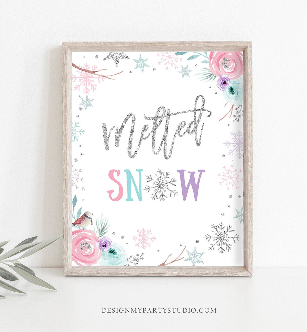 Melted Snow Bar Sign Winter Wonderland Onederland Birthday Decor Drinks Table Girl Pink Silver Snowflakes Floral Download Printable 0256