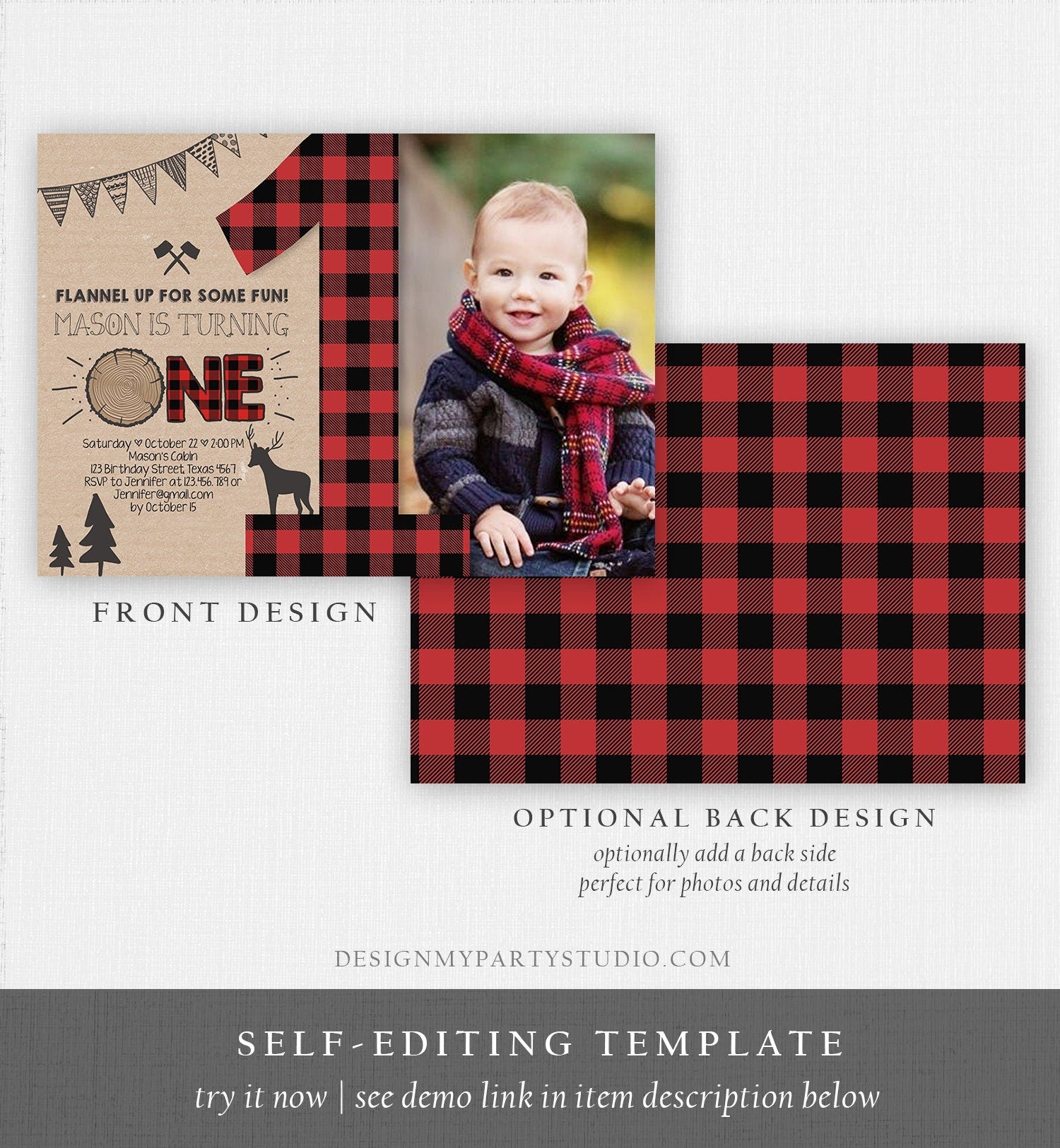 Editable Lumberjack Birthday Invitation Rustic Woodland Birthday Deer Forest Red Plaid Instant Download Printable Template Corjl 0026