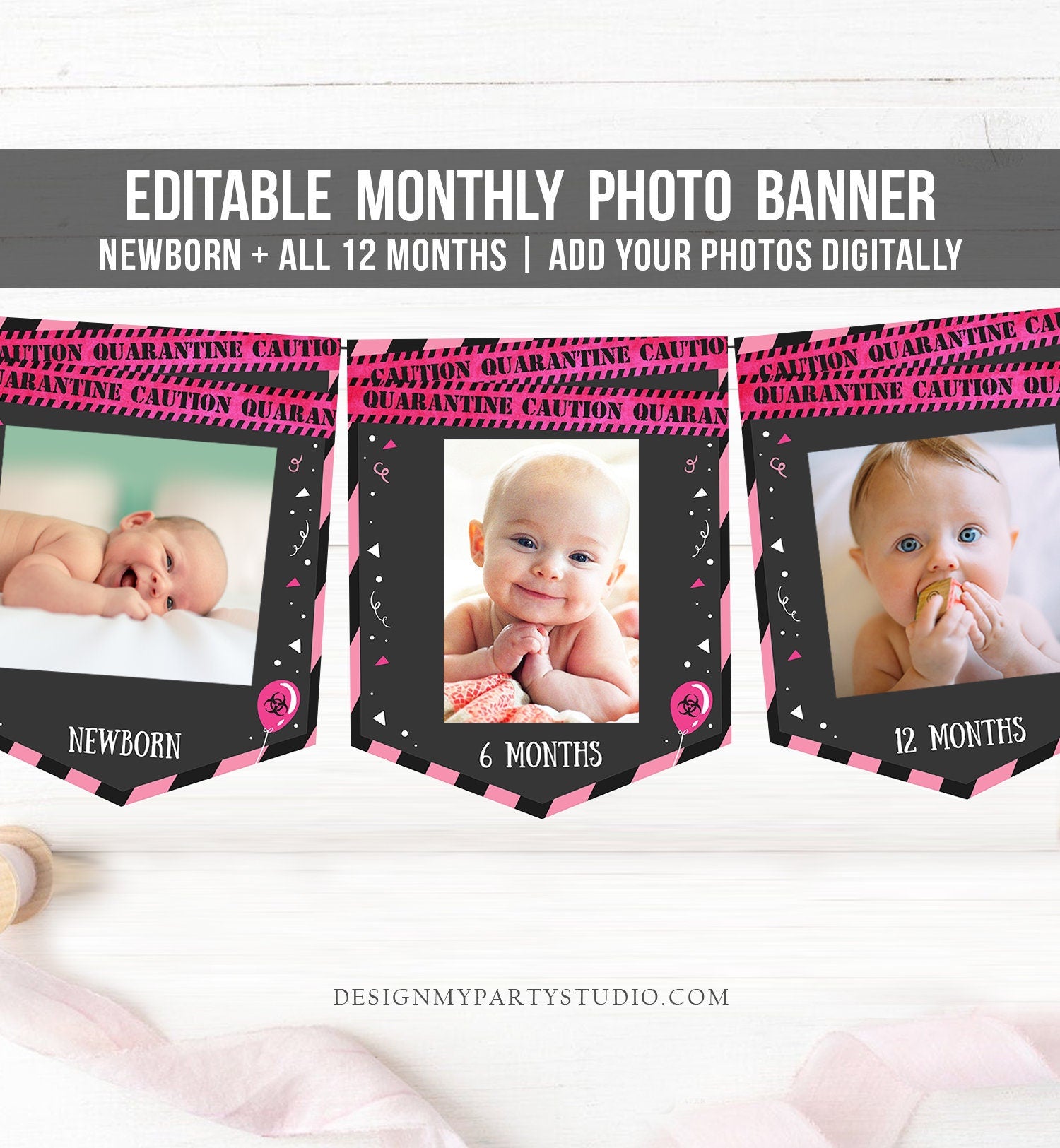 Editable Quarantine First Birthday Banner Monthly Photo Banner Girl Pink Drive By Social Distancing Download Corjl Template Printable 0334