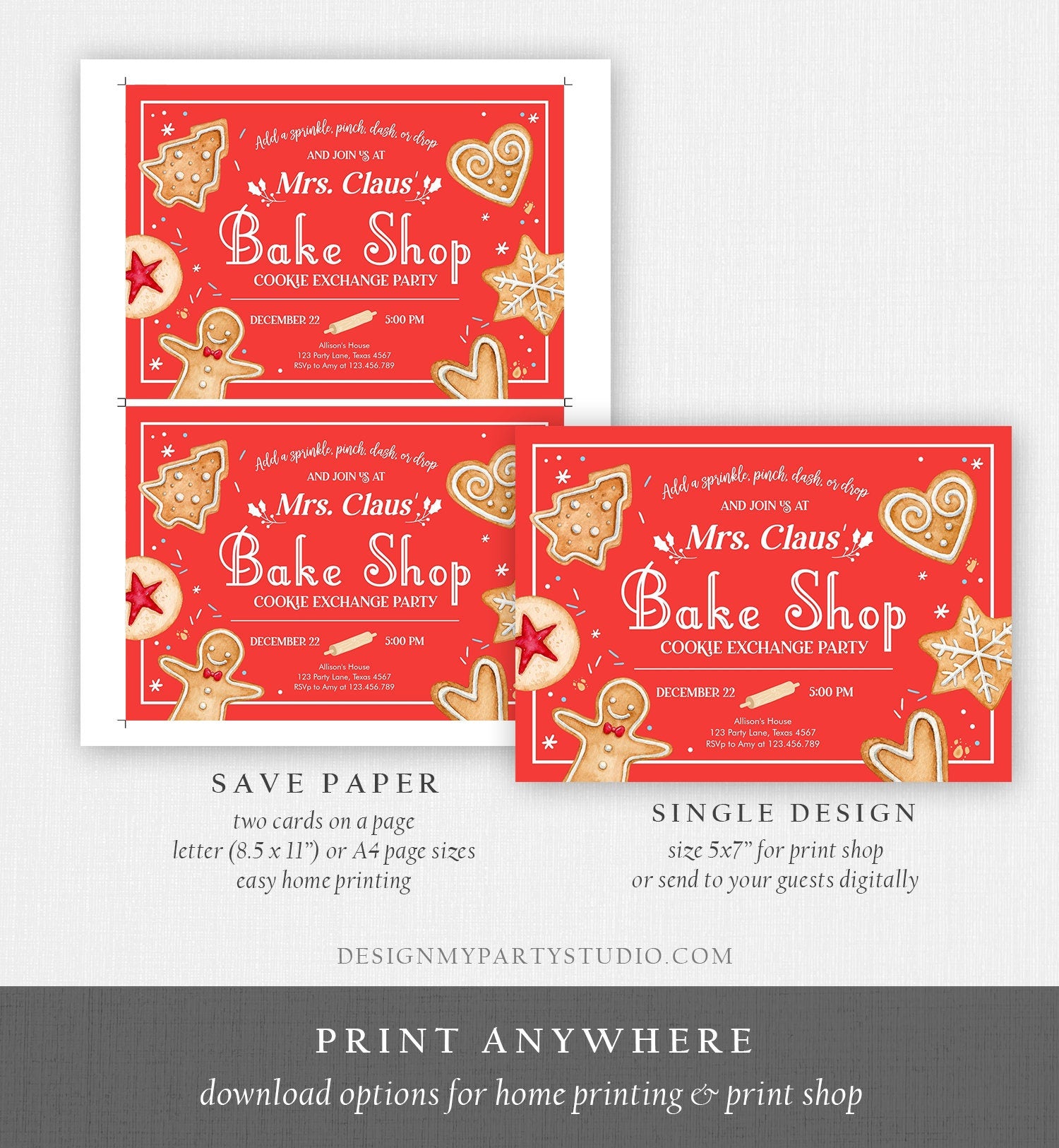 Editable Holiday Cookie Exchange Party Invitation Mrs. Claus Bake Shop Cookie Christmas Red Invite Download Printable Template Corjl 0360