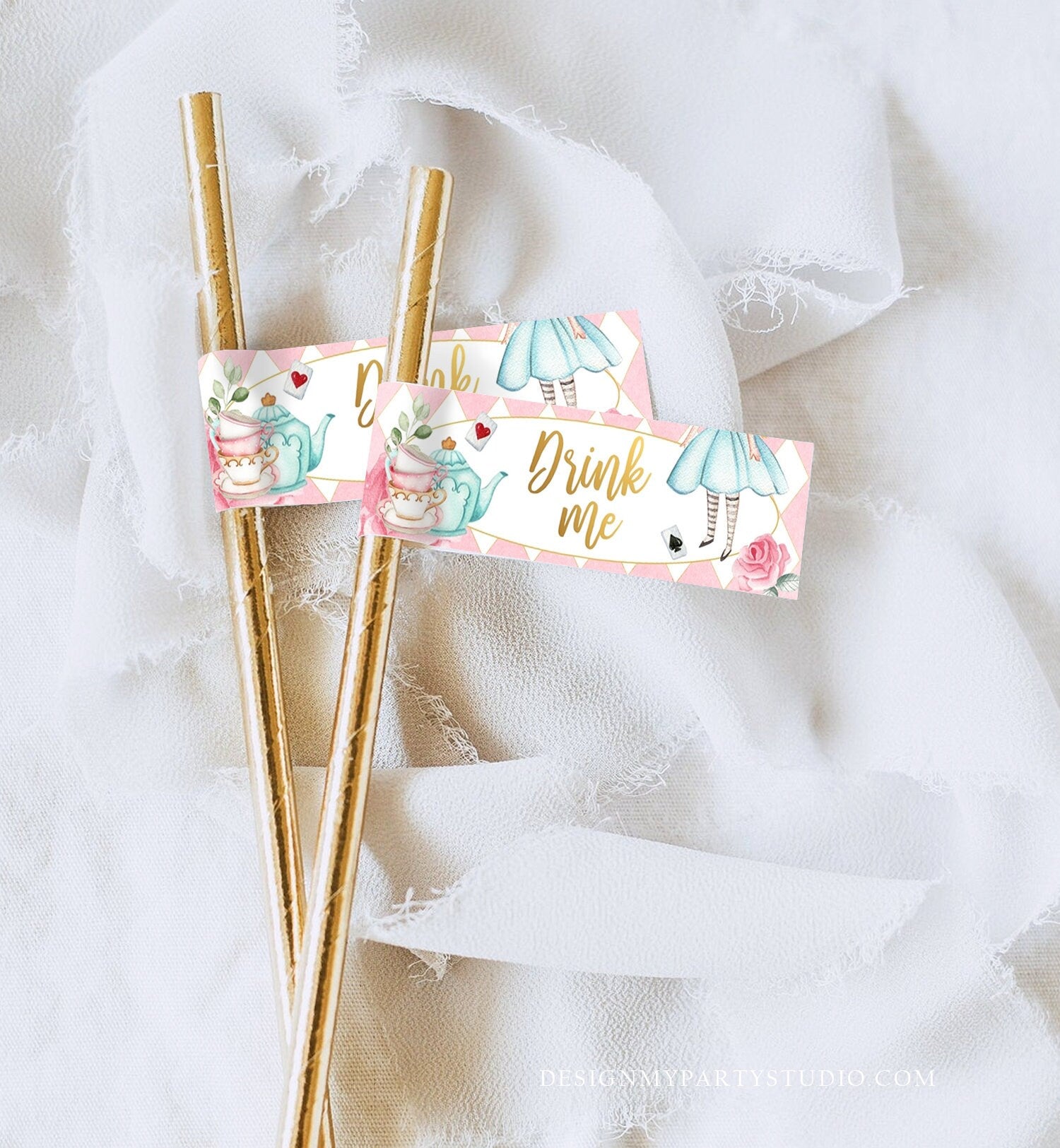 Editable Alice in Wonderland Straw Tag Drink Me Straw Flag Alice in Onederland Mad Tea Party Straw Label Pink Gold Girl Corjl 0350