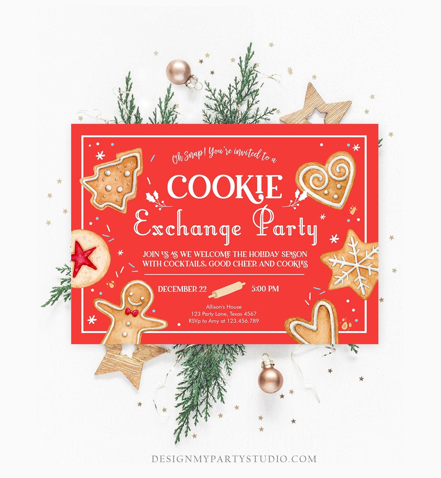 Editable Holiday Cookie Exchange Party Invitation Oh Snap Cookie Christmas Holiday Party Red Invite Download Printable Template Corjl 0360