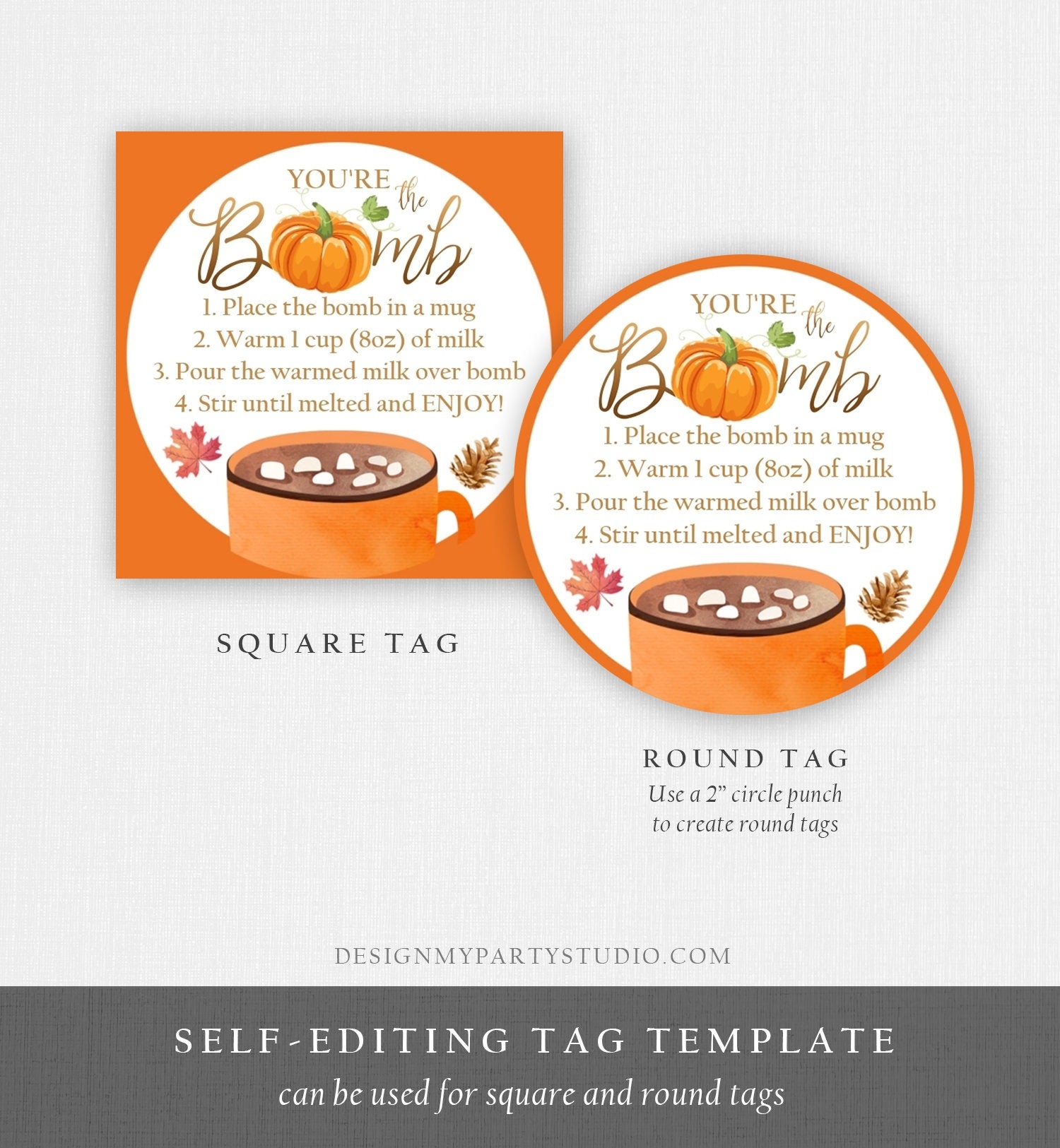 Editable Fall Hot Chocolate Bomb Tags Bomb Instructions Thanksgiving Pumpkin Orange Favor Tags You're The Bomb Tag Digital PRINTABLE 0353