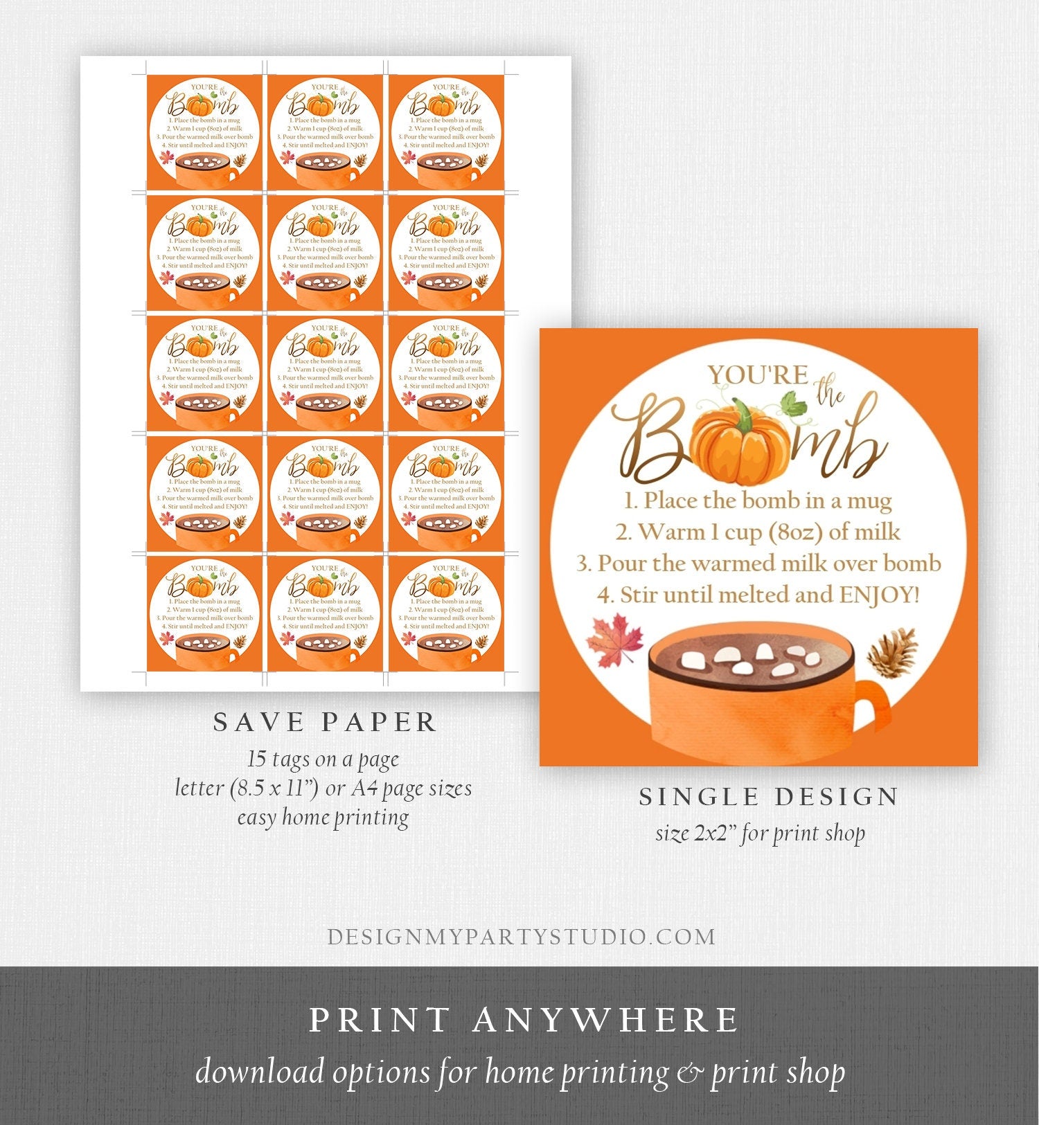 Editable Fall Hot Chocolate Bomb Tags Bomb Instructions Thanksgiving Pumpkin Orange Favor Tags You're The Bomb Tag Digital PRINTABLE 0353